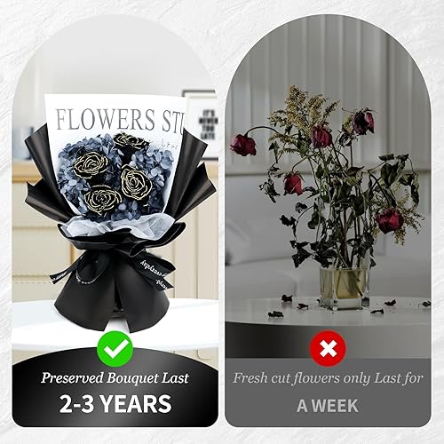 Miniatura 3 de YOFANUP Ramo de flores preservadas, rosa eterna, ramo de rosas negras con caja de regalo, ramo de flores naturales reales para siempre, último 2-3