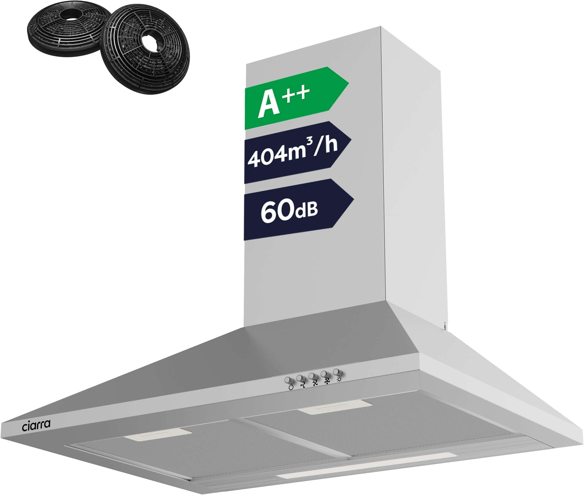 CIARRA 60cm Cooker Hood, A++ Energy Efficient Chimney Vent Hood with CBCF002X2 Carbon Filters Included, 60dB Low Noise, Ducting & Recirculation, LED Light, 3 Speeds-CBCS6201
