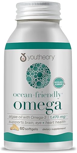 Youtheory Omega amigable con el océano, aceite de algas con omega-3, omega a base de plantas, omega vegano, apoya la salud del cerebro, los ojos y