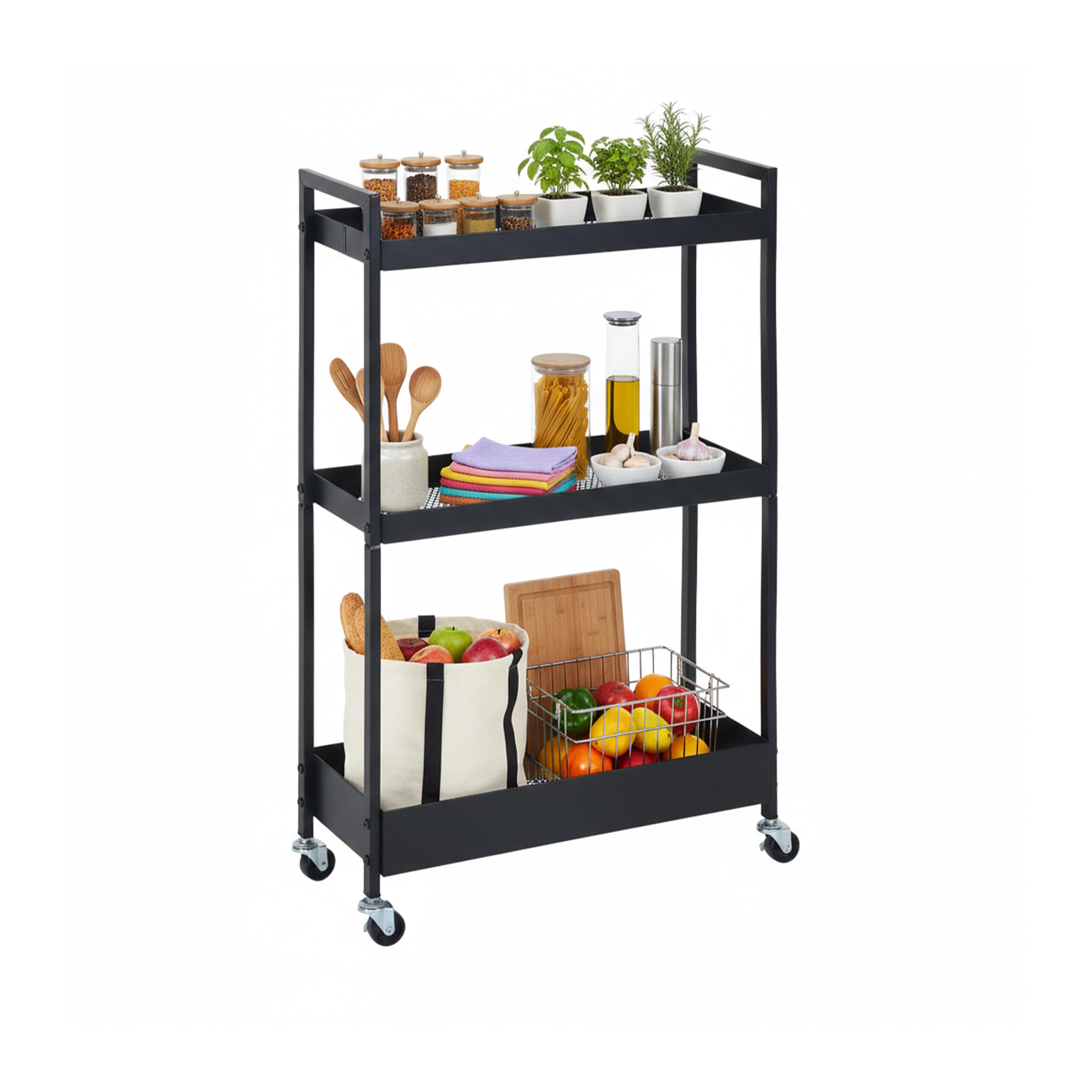 Relaxdays Nischenwagen, 3 Ebenen, Mesh-Design, HBT: 85 x 20 x 50 cm, Badezimmer, Küche, Metall, Rollwagen, schwarz