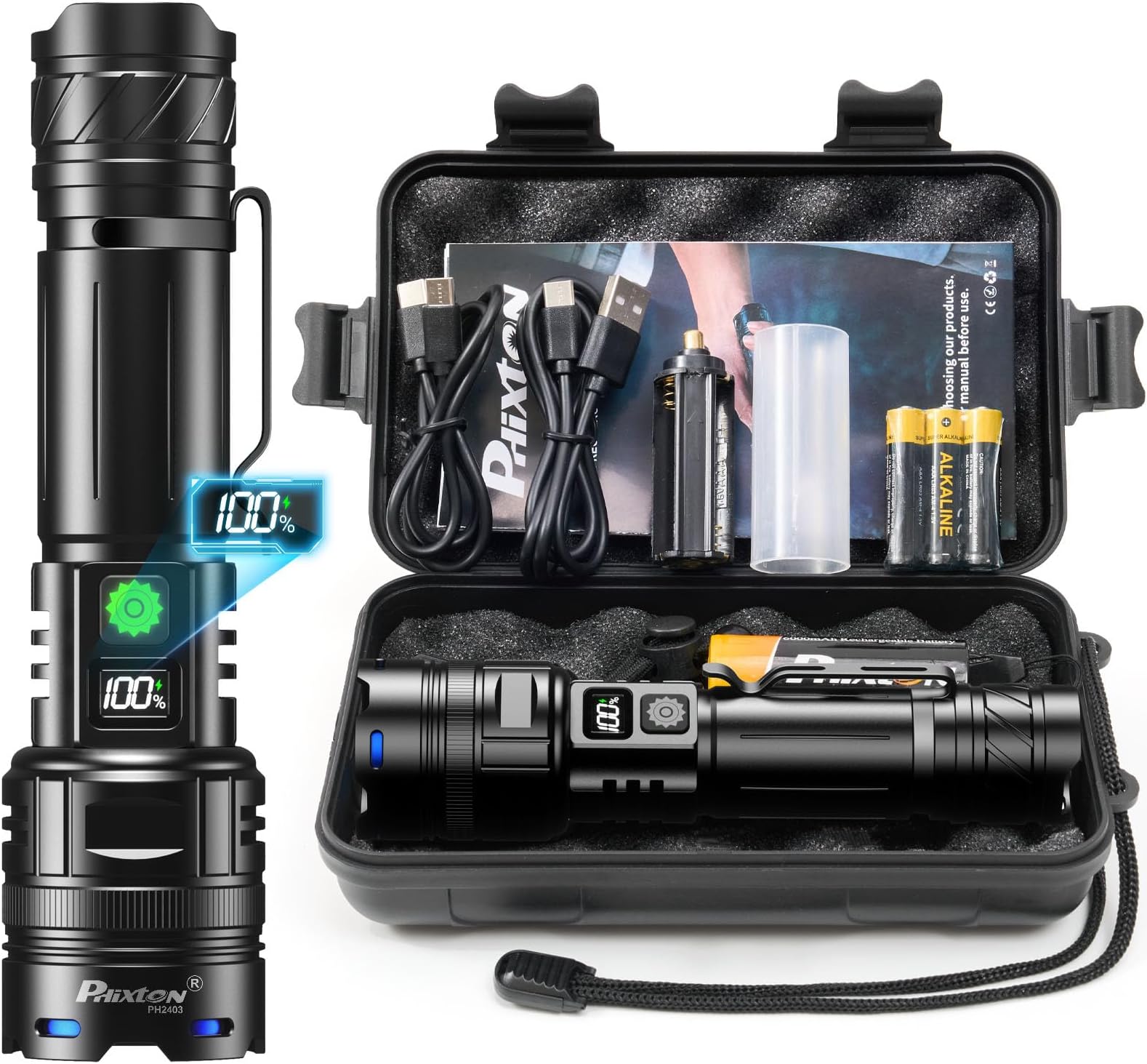 PHIXTON Rechargeable Flashlights 1000000 Lumens, High Powered LED, Single Mode, USB C, Long Lasting, Waterproof, Adjustable Focus, 3280 ft Range, Modern Black, FLASHLIGHT
