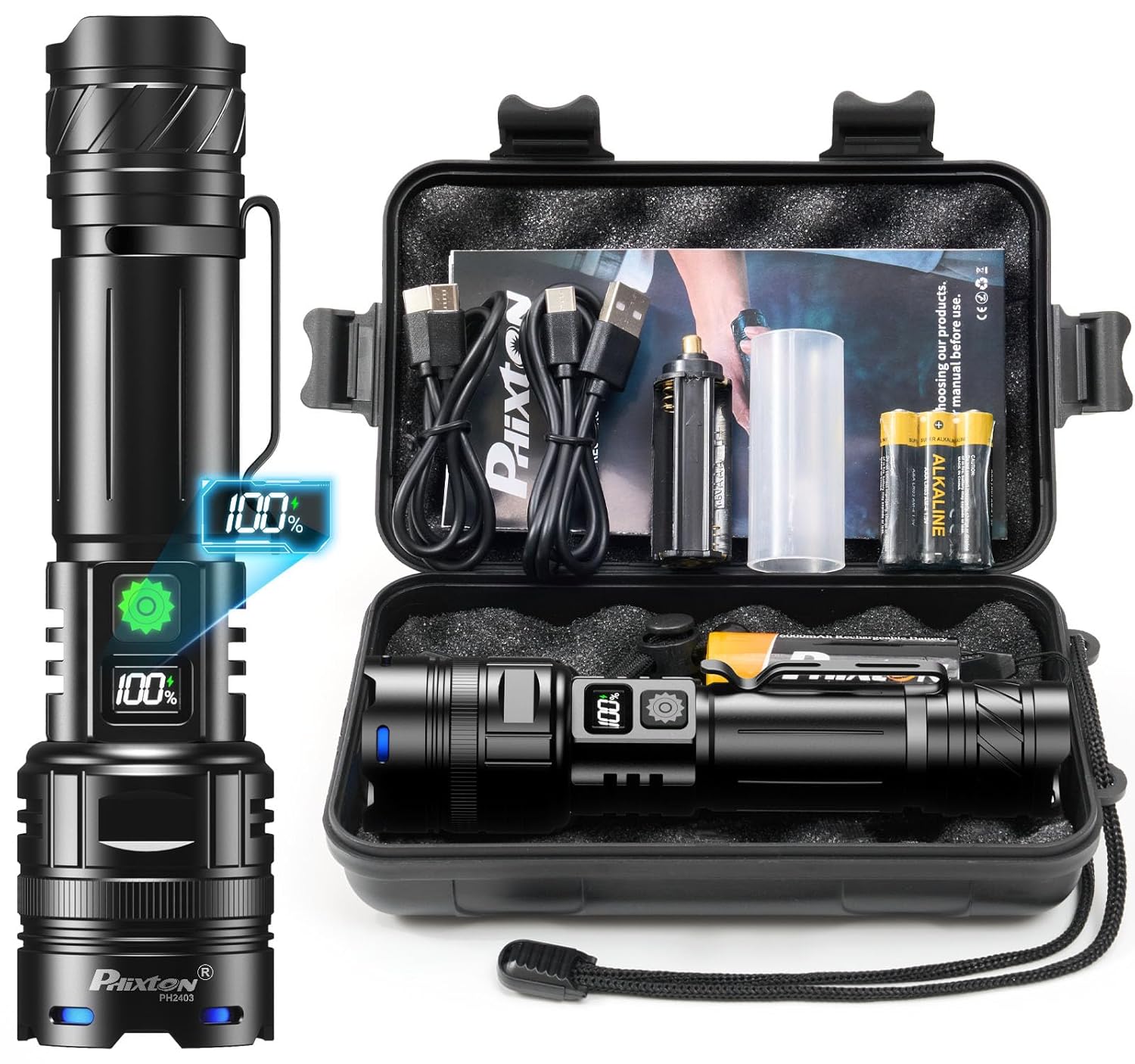 Rechargeable Flashlights 10000 High Lumens Single One Mode Super Bright High Powered LED Flashlight USB C High Beam