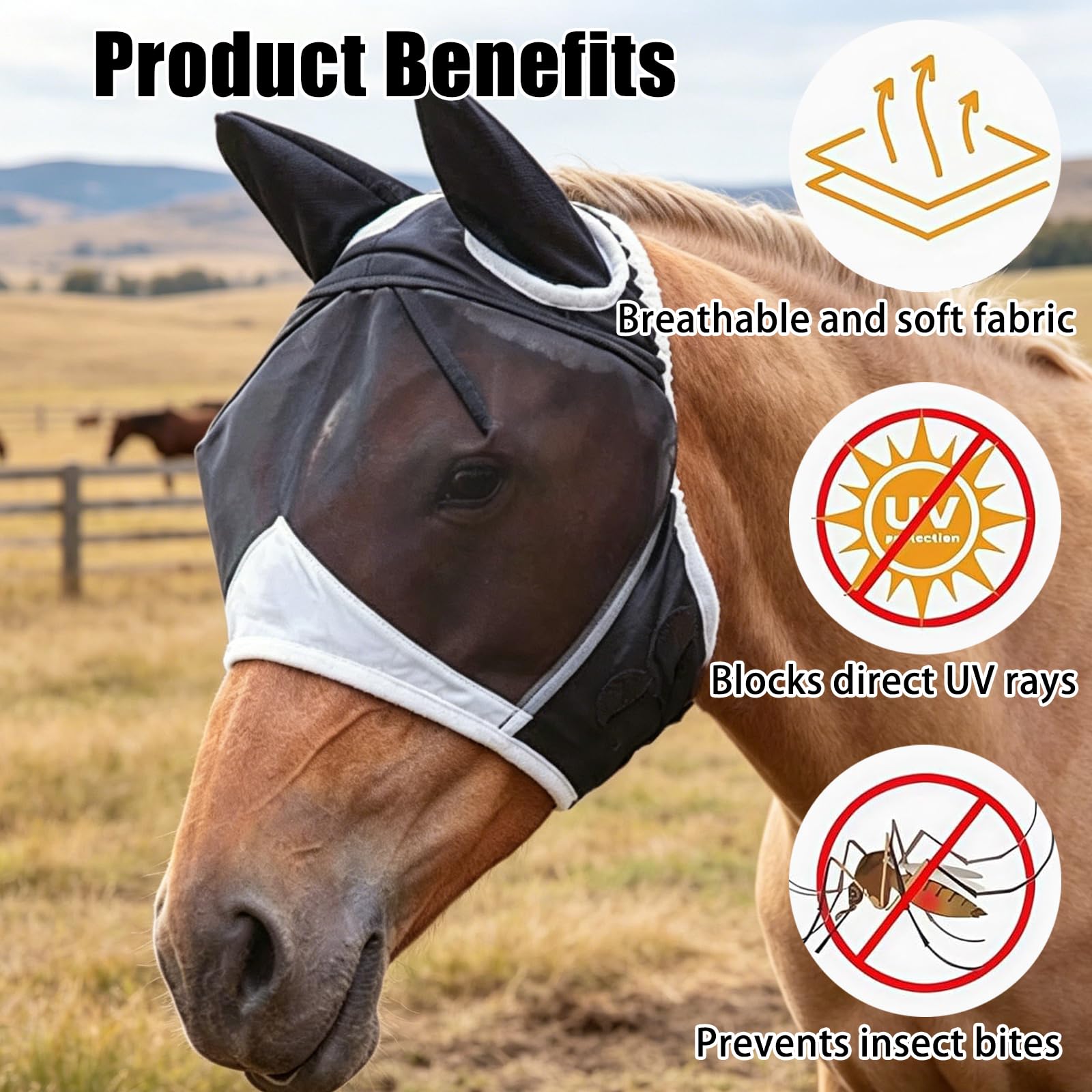 Máscara transpirable para moscas de caballo, máscara de mosca de caballo blanco y negro con orejas, tamaño ajustable (L)