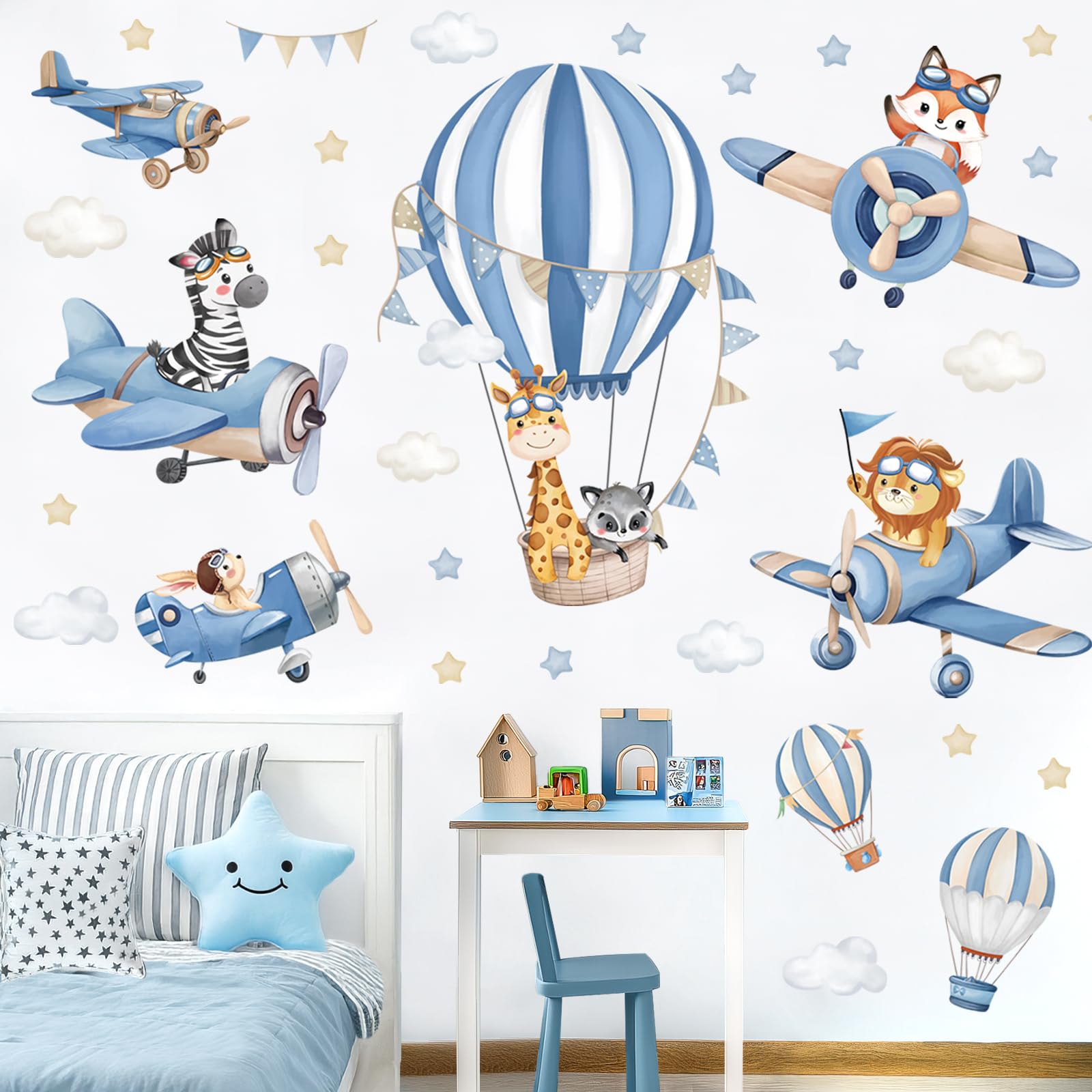 decalmile Pegatinas de Pared Animales Globos Aerostáticos Azul Vinilos Decorativos Avión Animales Jirafa León Zorro Adhesivos Pared Habitación Infantiles Niños Bebés Guardería
