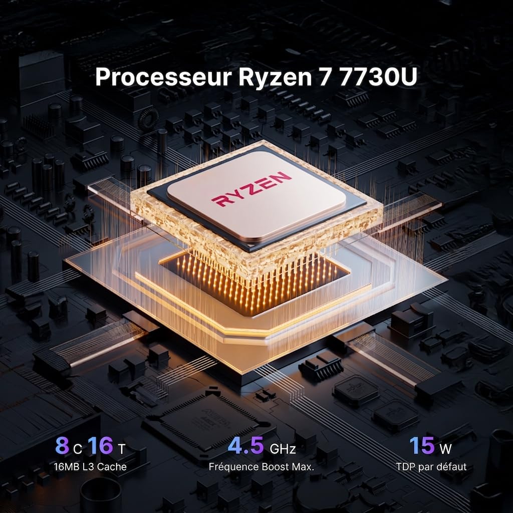 BOSGAME P4 Ultra Windows 11 Pro Business Mini PC AMD Ryzen 7 7730U, 8 cœurs, 16 Threads, jusqu'à 4,5 GHz, 16 Go de RAM DDR4, SSD 1 to, Triple écran 4K@60Hz, HDMI, Type-C, USB3.2, LAN, Wi-FI 6E, BT5.2