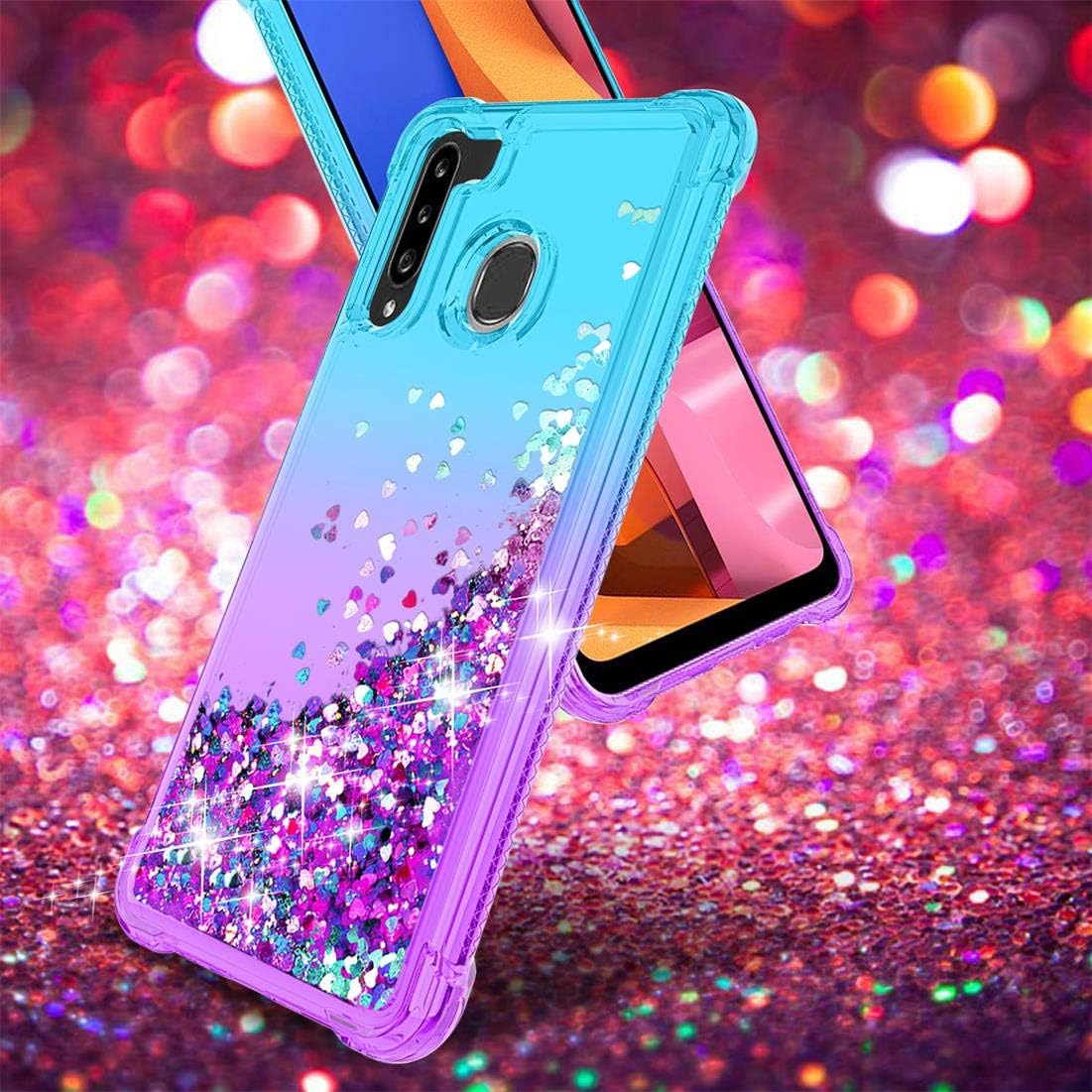 Donse Samsung Galaxy A21 Case W/Soft Film Protector [2 Pack], Glitter Diamond Sparkle Waterfall Quicksand,Bling Bling Shock Absorption Soft TPU Protective Phone Case Cover for Girls Women-Teal/Purple