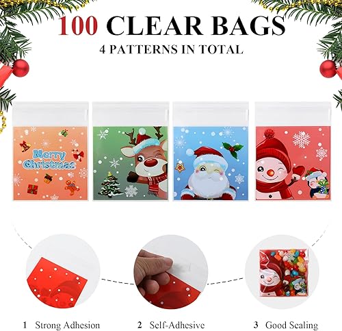 Miniatura 2 de idolpack Paquete de 100 bolsas de celofán de Navidad de 4 x 4 pulgadas, transparentes, resellables, de plástico selladas, bolsas de regalo de