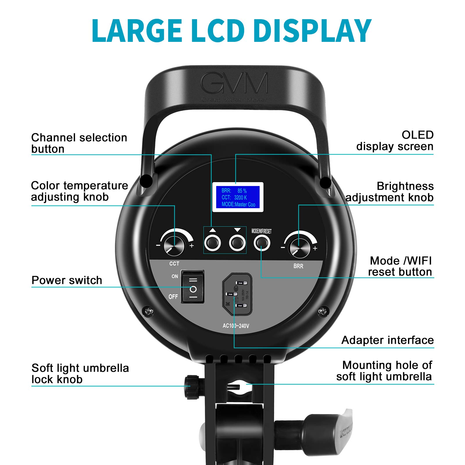 GVM LED Videoleuchte,100 W,CRI97+/ 3200K ~ 5600K,Bowens Halterung,LED Dauerlicht Fotografie,mit intelligentem App Steuersystem, für Videoaufnahmen, Kinderfotografie, Hochzeit, Outdoor Aufnahmen