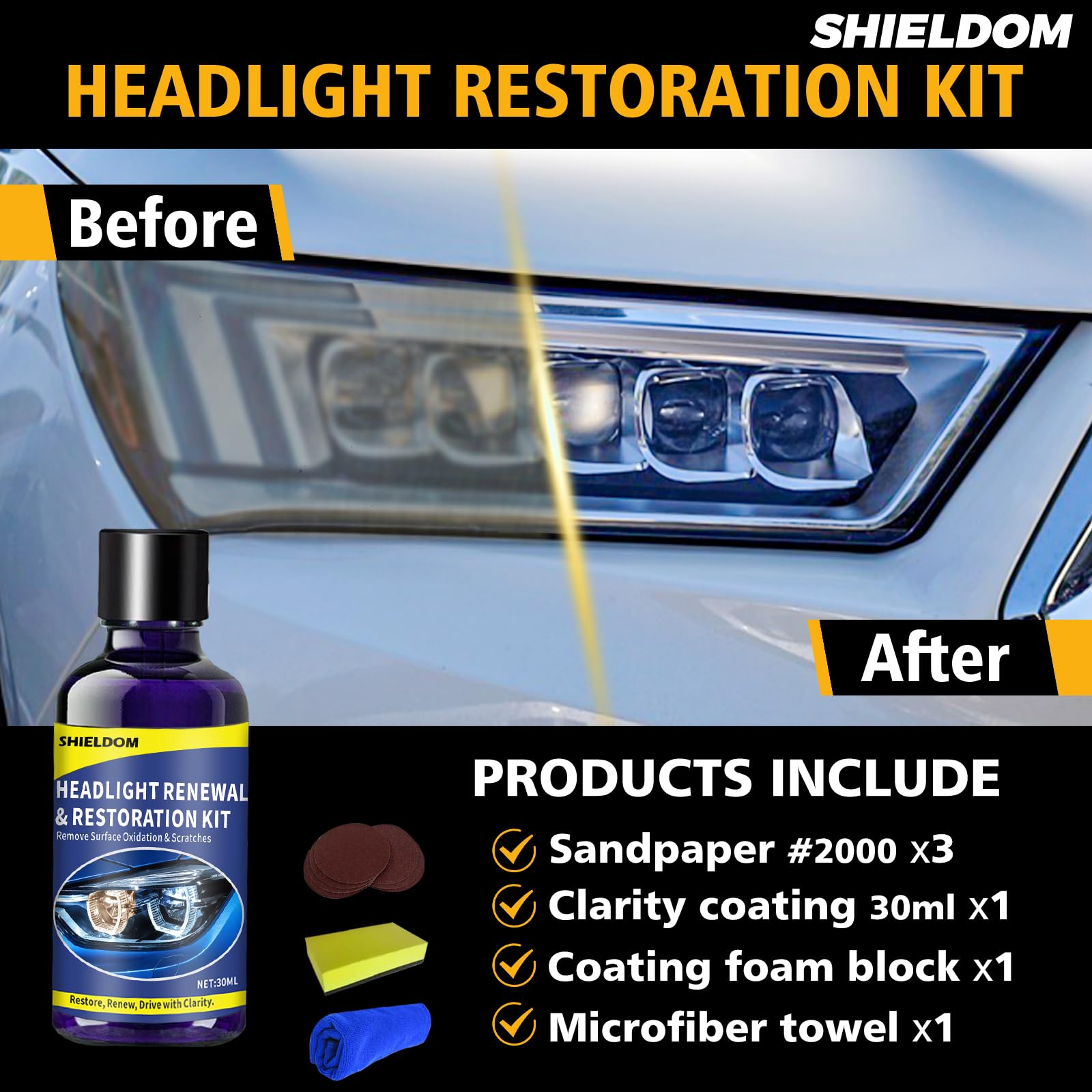 SHIELDOM Kit de restauración de Faros de Coche para Limpiador de Faros Delanteros, Juego de renovación de 3 Papeles de Lija | 1 Esponja | 1 Toalla | Elimina arañazos, amarilleamiento y oxidación - 30