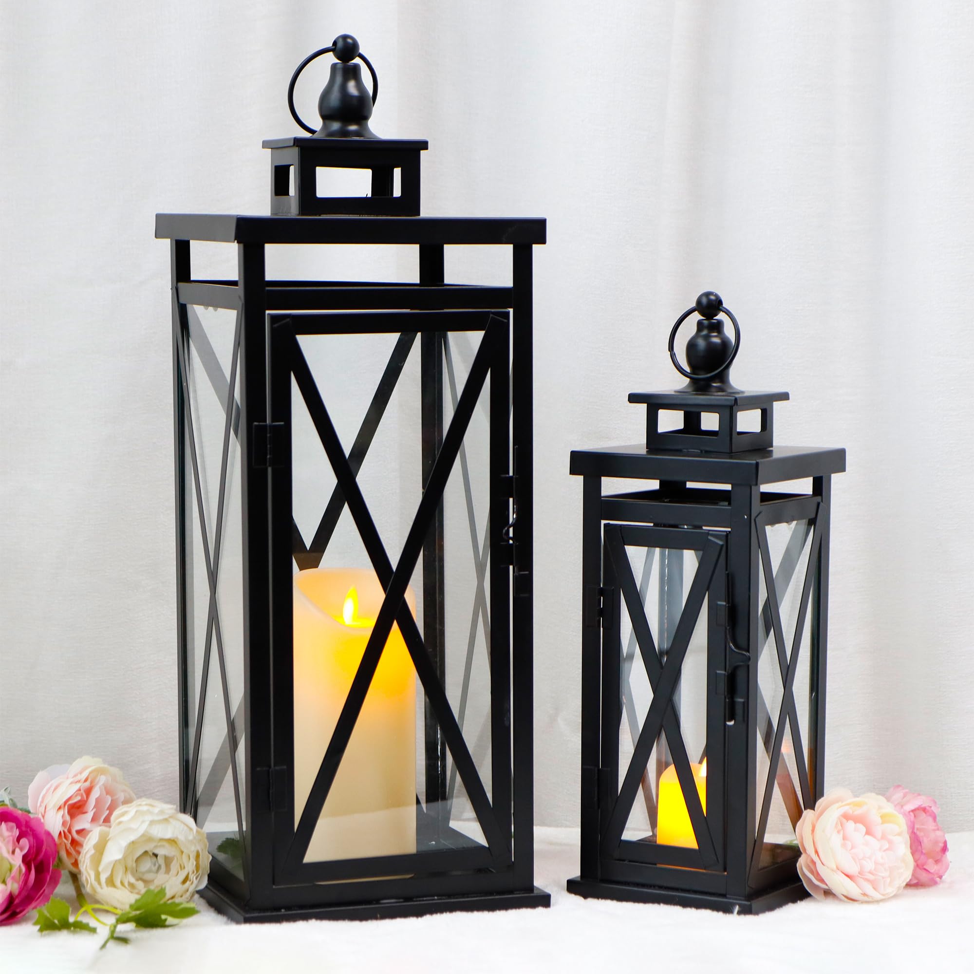 TRIROCKS Zestaw 2 diakoracyjnych lampionów na świece, 50 cm i 28 cm, wysoki metalowy świecznik, wiszące lampiony ze szkła hartowanego, idealne do użytku wewnątrz i na zewnątrz, dekoracja domu, imprezy