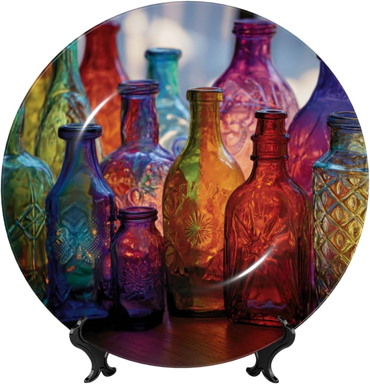 Decorative Plate 10in Bone China Dessert Plates with Display Stand Ceramic Ornament Ceramic Colorful Glass Bottle Decorative Plates Art Crafts Porcelain Plate for Home Club Living Room