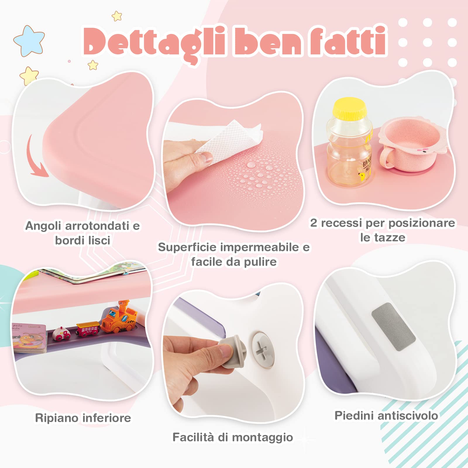 Set Tavolo E 2 Sedie Per Bambini 1-5 Anni - In Plastica HDPE, Rosa/Viola, Con Portabibite E Ripiano, Capacità 20 Kg