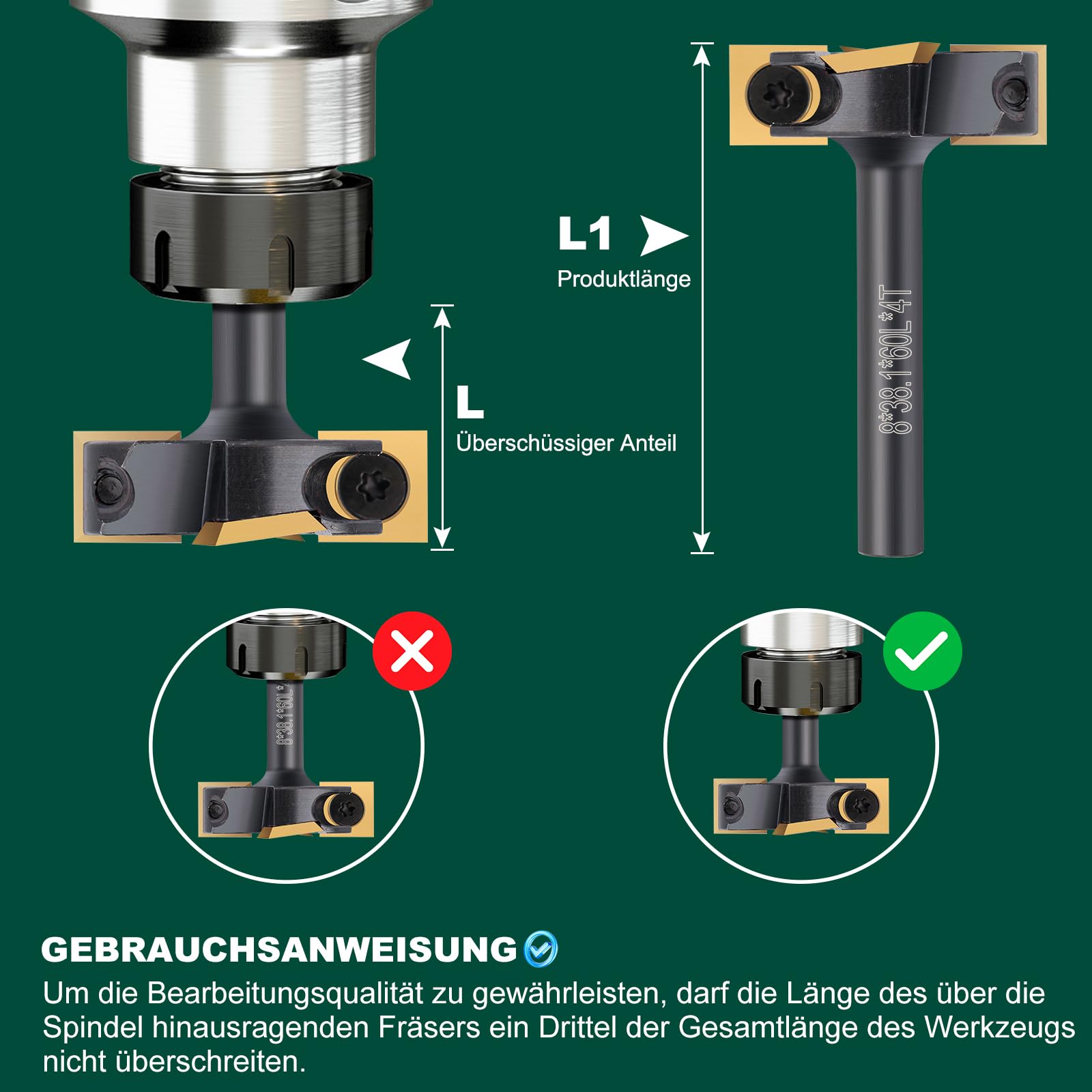 Planfräser 8mm Schaft Nutfräsen 38,1 mm Schnittdurchmesser Planfräser für Oberfräse CNC Holz Fräser mit 4 TiN-besch Hartmetallmessern 12 x 12 mm
