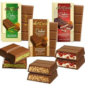Dubai Chocolate Bar Variety Pack Pistachio Kunafa, Milk Chocolate Buiscuit &kunafa, Angel Hair & Strawberry Cheesecake Chocolate Gift Box | Assorted Gourmet Middle Eastern Chocolates Full Size, 3 Pcs Set