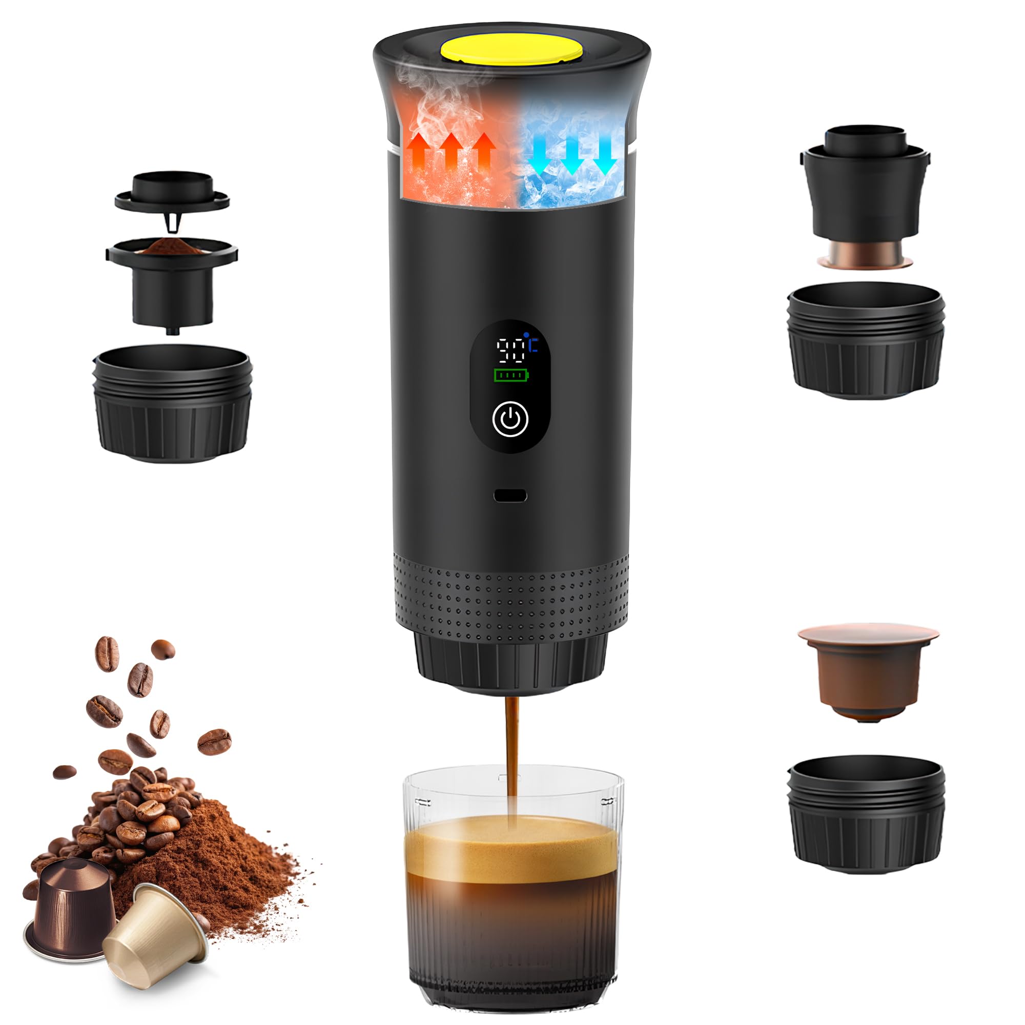 Bostar Máquina de Café Portátil con Pantalla Digital Temperatura, 3 en 1 Cafetera Espresso Eléctrica Portátil Cafetera para Camping Viaje Compatible con Cápsulas Pequeñas Grandes Café Molido-Negro
