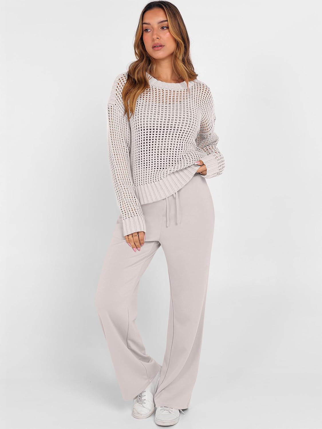 ANRABESS Womens 2 Piece Outfits Crochet Sheer Knit Sweater Top Wide Leg Pants Lounge Set Sweatsuit 2026 Spring Travel Clothes - Image 2