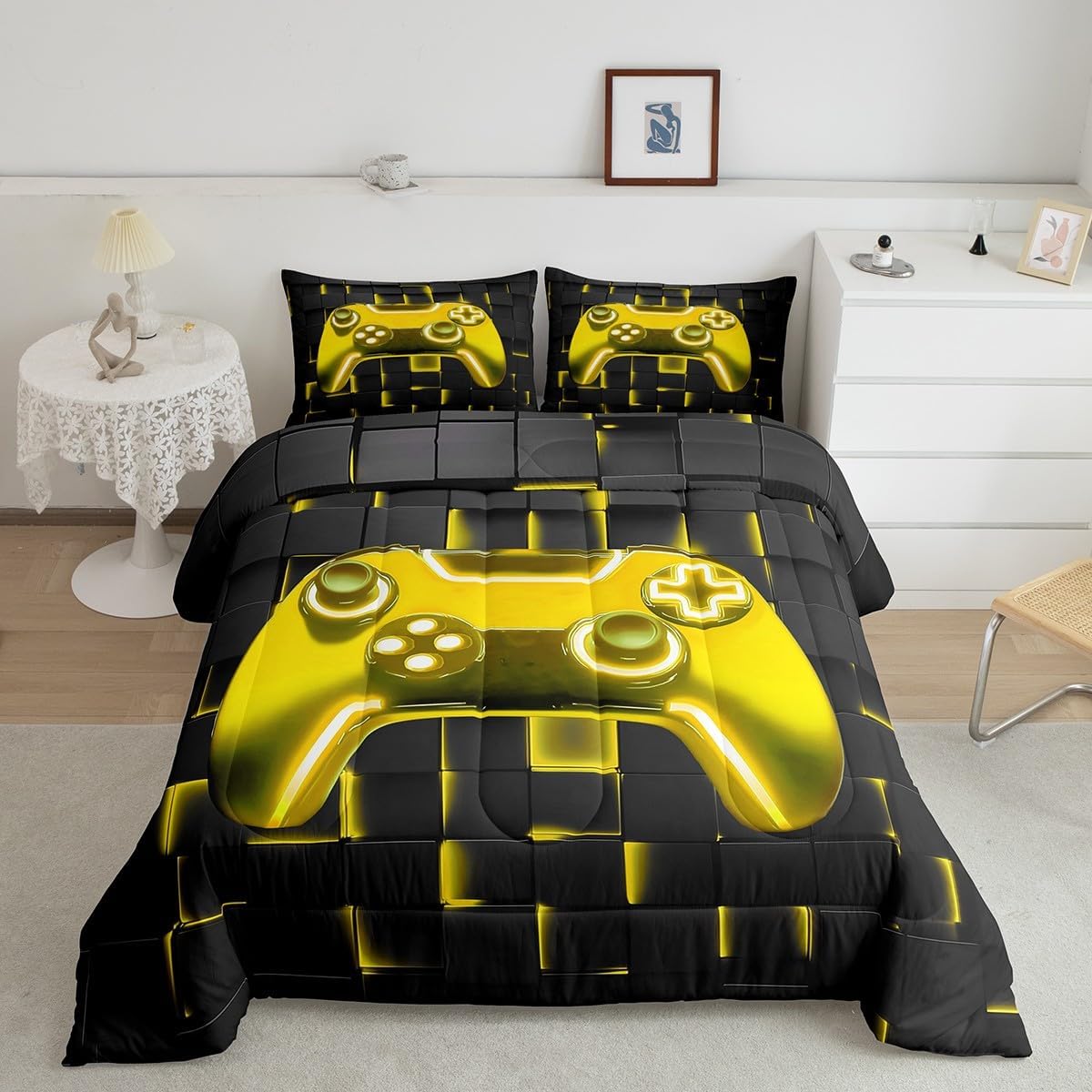 Castle Fairy Modern Gamer Comforter Set,Blue Gaming Bedding Set for Kids Teens,Reversible Gamepad Quilt Set,Duvet Insert 2 Pcs with 1 Pillowcase,Toddler
