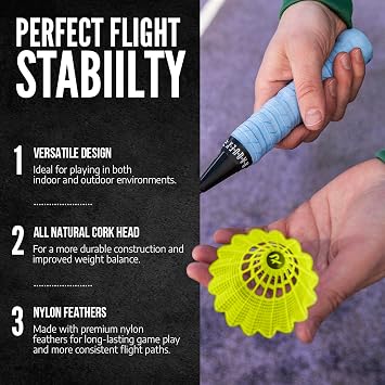 Raquex Badminton Shuttlecocks - Yellow/White, Tube of 6 - All Natural Cork Shuttlecocks, Nylon Feathers - Three Speed Options – Indoor Outdoor Durable Badminton Shuttles
