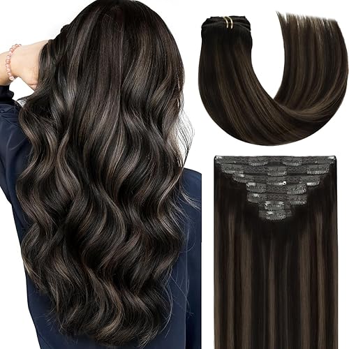Vista 186 de Lacer Extensiones de cabello humano con clip, de doble trama, cabello brasileño de cabeza completa, color negro azabache, extensiones de cabello