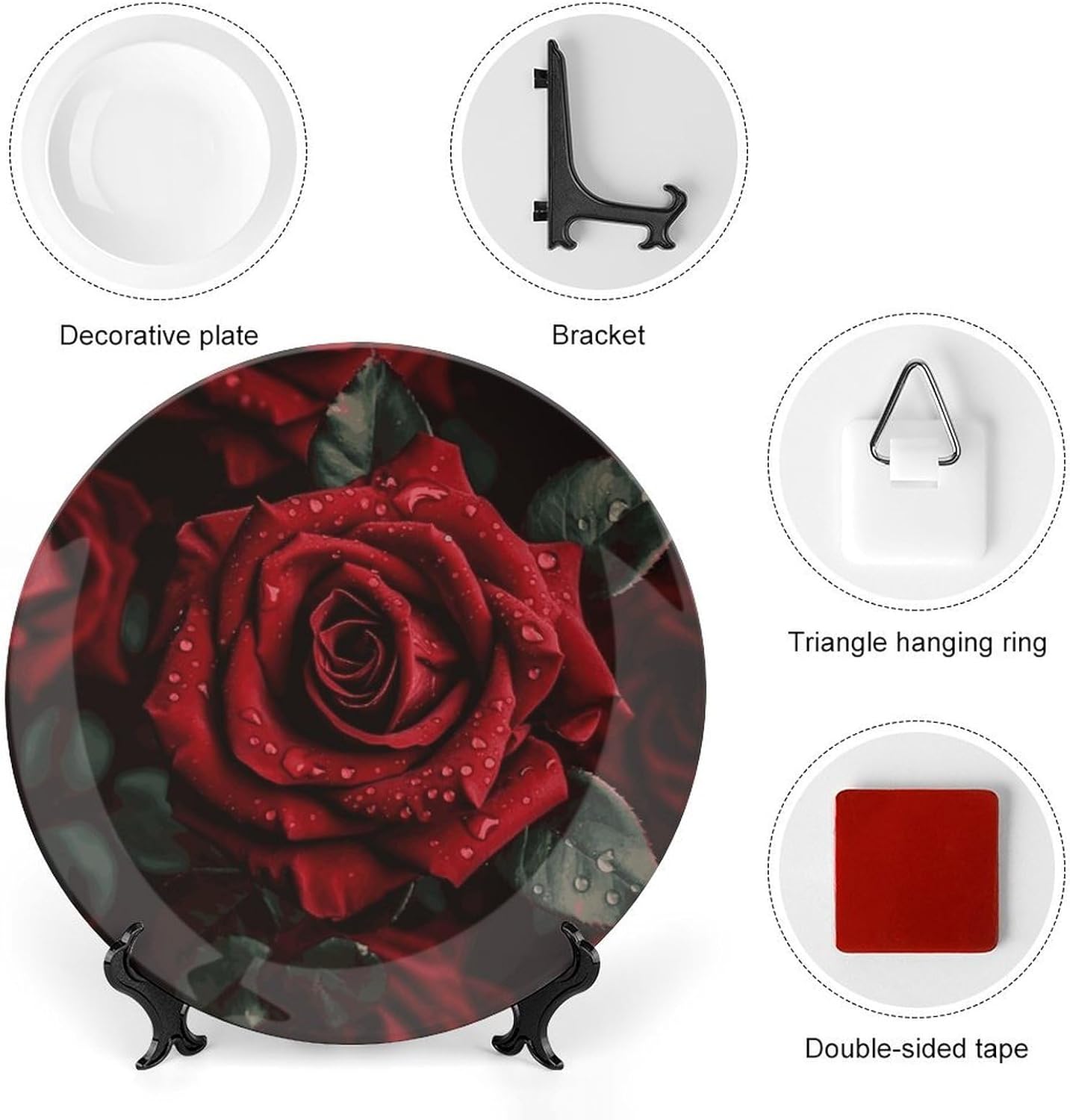 Red Rose Ceramic Plate 10inch Decorative Bone China Wall Hanging Ornament Plates Bohemian Style Dinner Plate with Display Stand Cabinet Display Plates for Home Art Decor