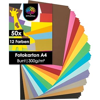 OfficeTree 50 x A4 Craft Cards 300 g 12 Colors Colored Card A4 Colorful Cardboard for Crafts Photo Card 300 g