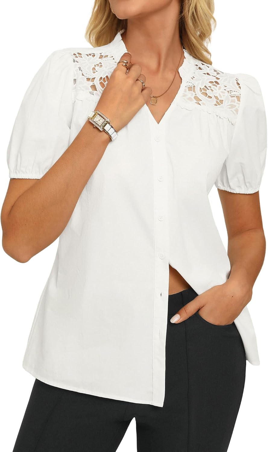 GRACE KARIN Women's 2026 Summer Casual Tops, Dressy Short Sleeve Lace Shirts, V Neck Button Down Work Blouses Outfits Shirt