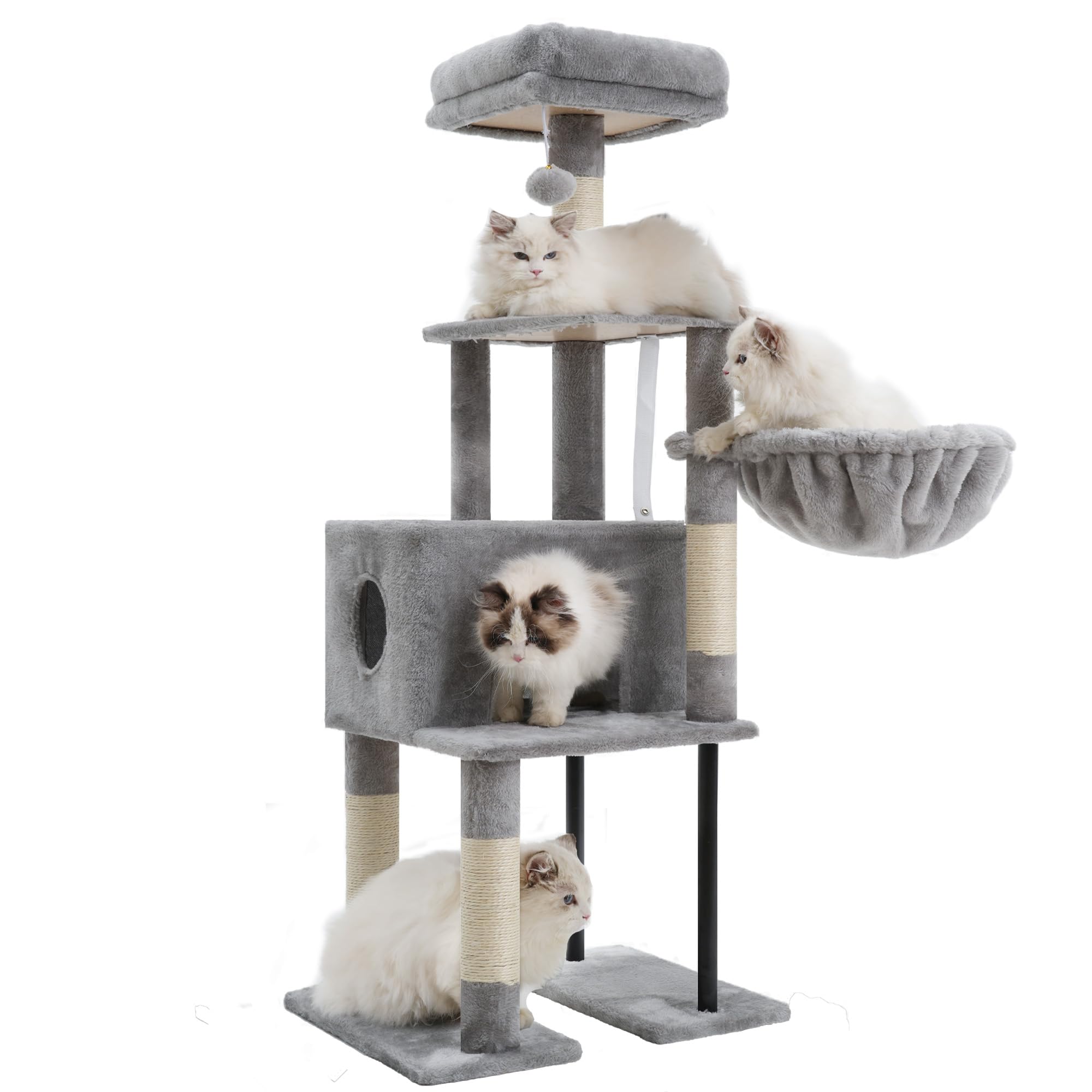 Heybly Albero Tiragraffi Per Gatti Alto 125 cm, Torre Per Gatti Spaziosa E Confortevole Con Tana, Due Ampie Piattaforme, Tiragraffi In Sisal, Cestino, Robusti Tubi In Acciaio, Grigio Chiaro HCT200SW-