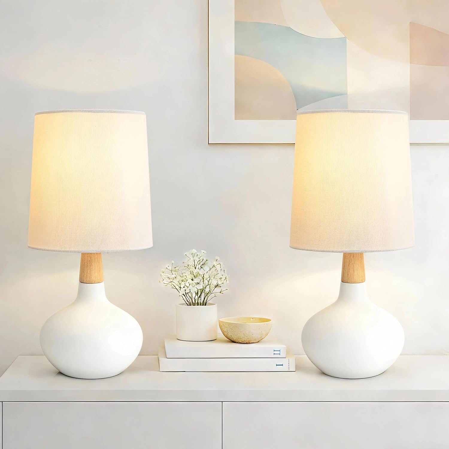 14" Small Ceramic Table Lamp Set of 2, Bedside Lamp for Living Room with Natural Wood Stem & Linen Shade for Home Decor, Modern Farmhouse End Table Lamp for Nightstand, Bedroom & Office(White)
