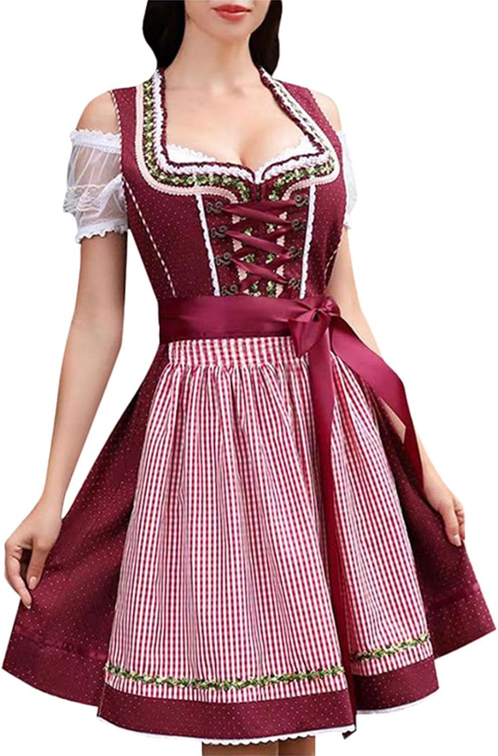 Dirndl Damen Komplettset Midi - Trachtenkleid Mit Bluse & Schürze Für Oktoberfest