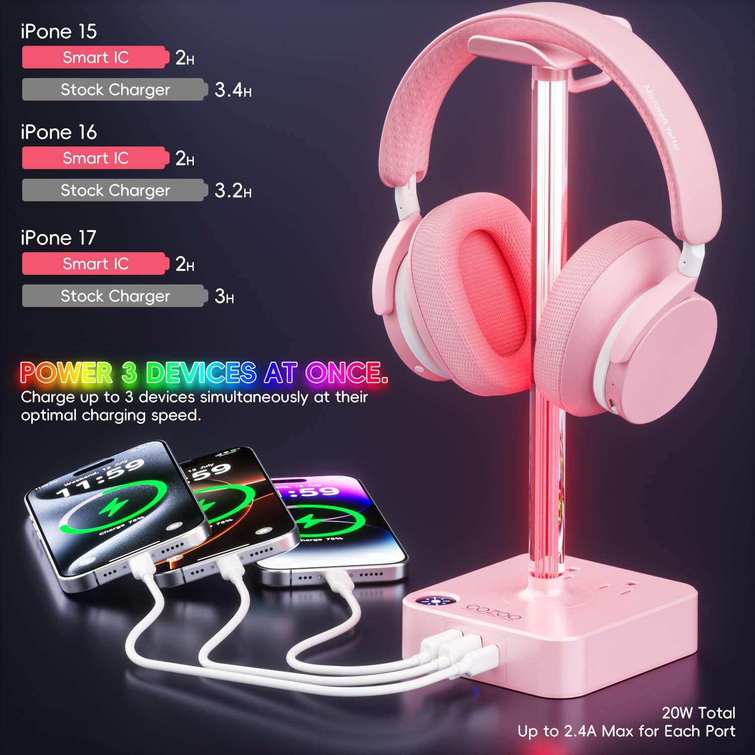 cozoo Regali per ragazze adolescenti carino rosa RGB cuffie stand e stazione di ricarica, 3 prese USB 2 AC – elegante supporto per cuffie da gioco, scrivania e sala giochi, regali di Natale per