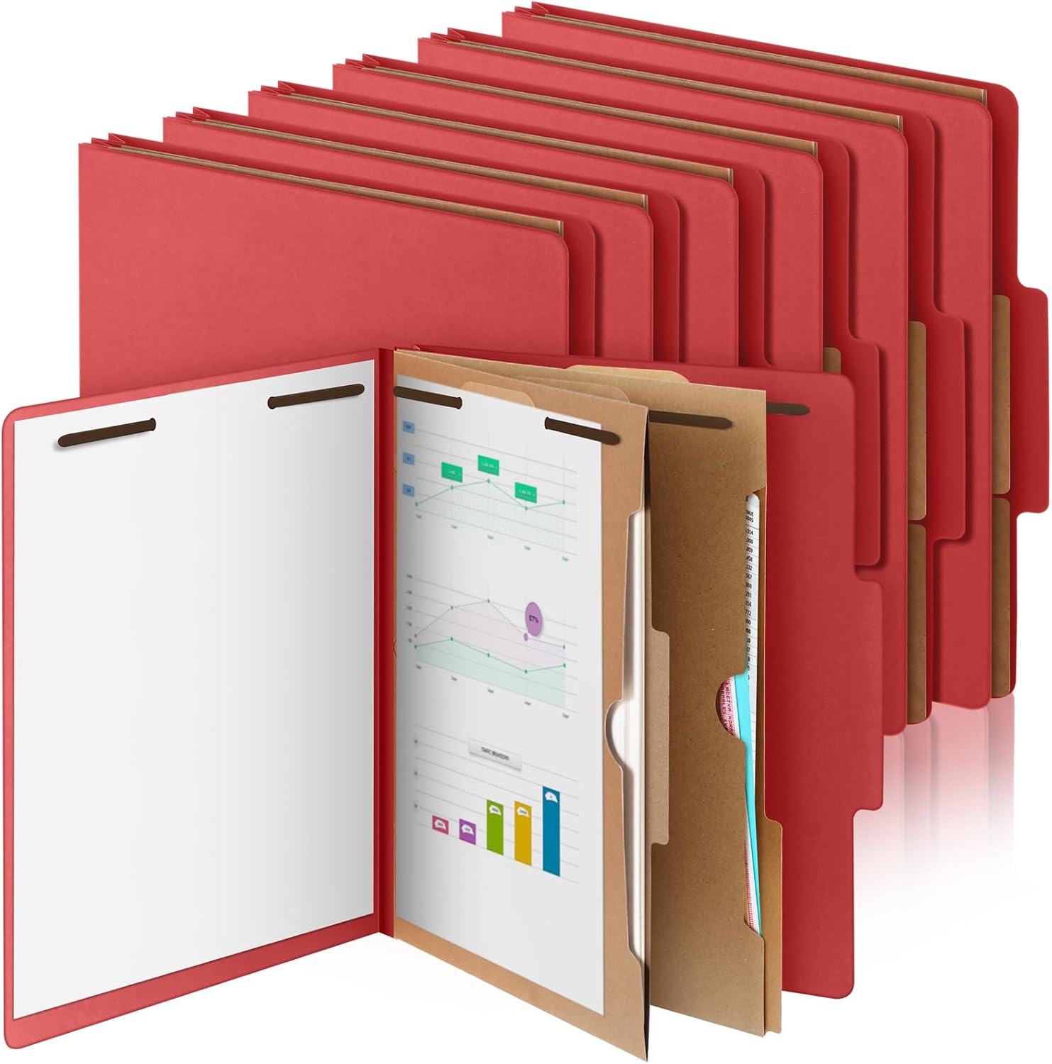 Skyygemm 12 Pcs Classification Folders Letter Size, 2 Pocket Dividers Pressboard File Folder with Fasteners, Expanding File Organizer Bulk for Documents, Projects, Reports, School Teacher (Red)
