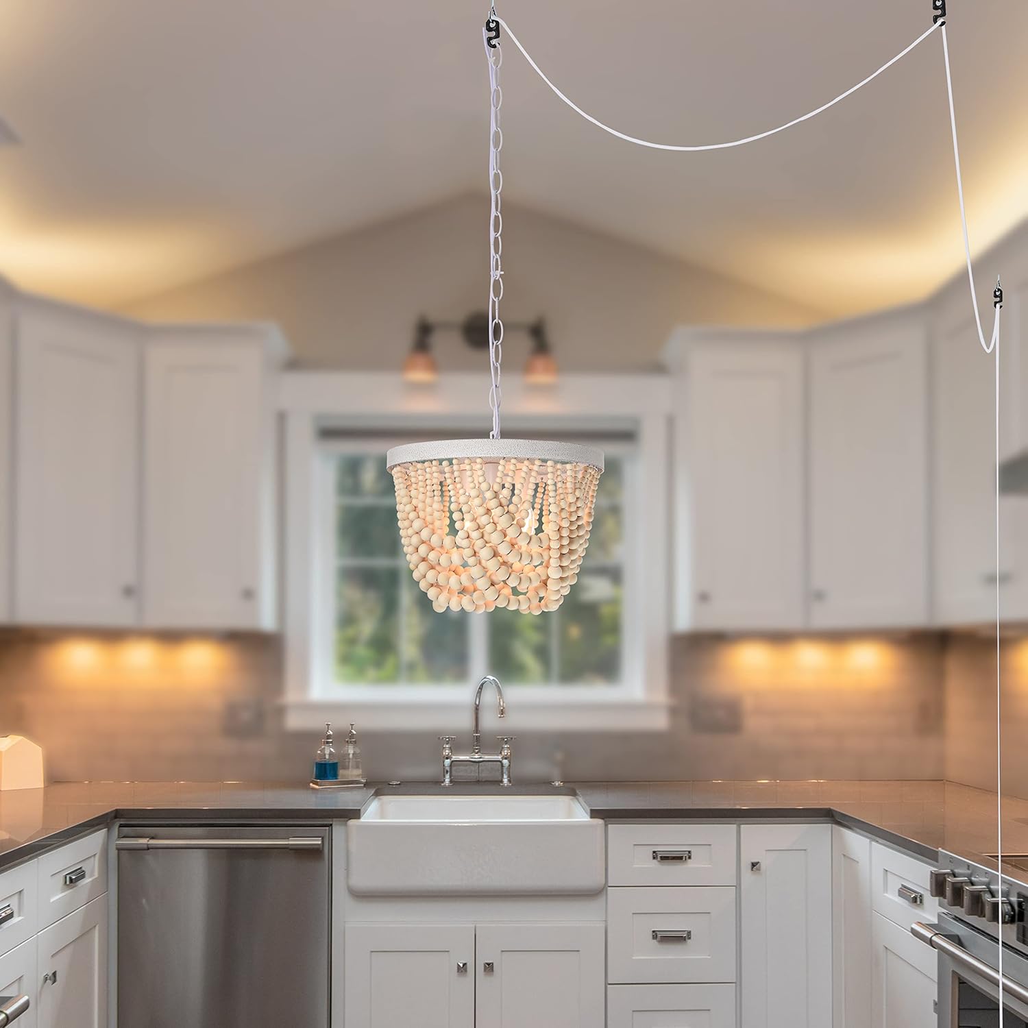 Plug in Chandelier Wood Beaded Chandelier with 20 Foot Hanging Cord 3 Light Boho Light Fixtures Ceiling Small Farmhouse Chandeliers for Bedrooms