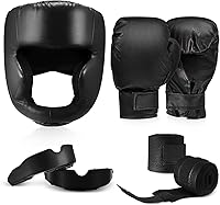 Kanayu 7-Piece Boxing Set: 16oz Gloves, Headgear, Hand Wraps, Mouthguards for Beginners Adults Youth Training - Black/White Edge