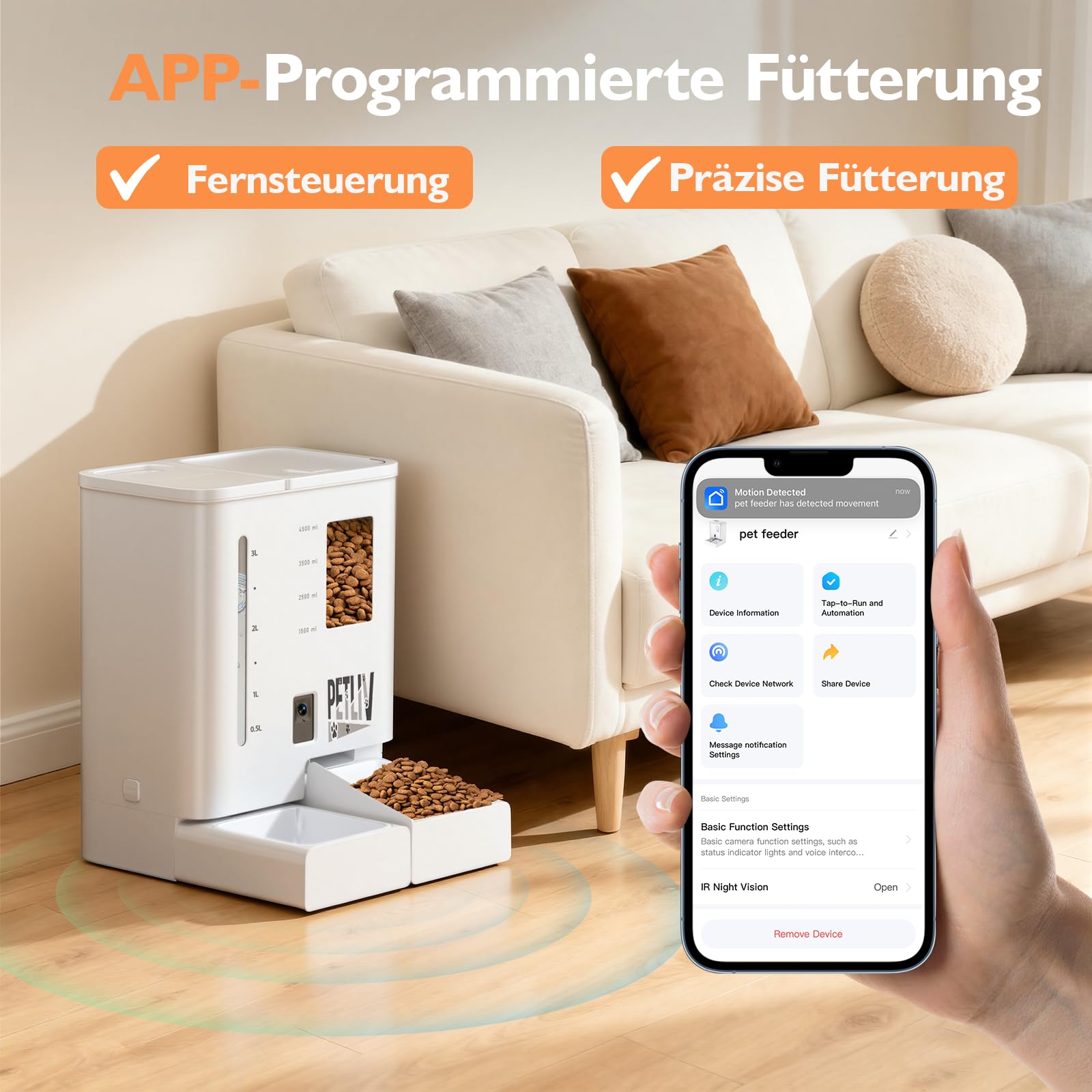 Futterautomat Katze mit 2K HD Nachtsichtkamera, 2,4G&5G Dualband WLAN App-Steuerung, 5L Futter- &4L Wasserspender, Zwei-Wege-Audio, Doppelstromversorgung für Katzen und kleine Hunde
