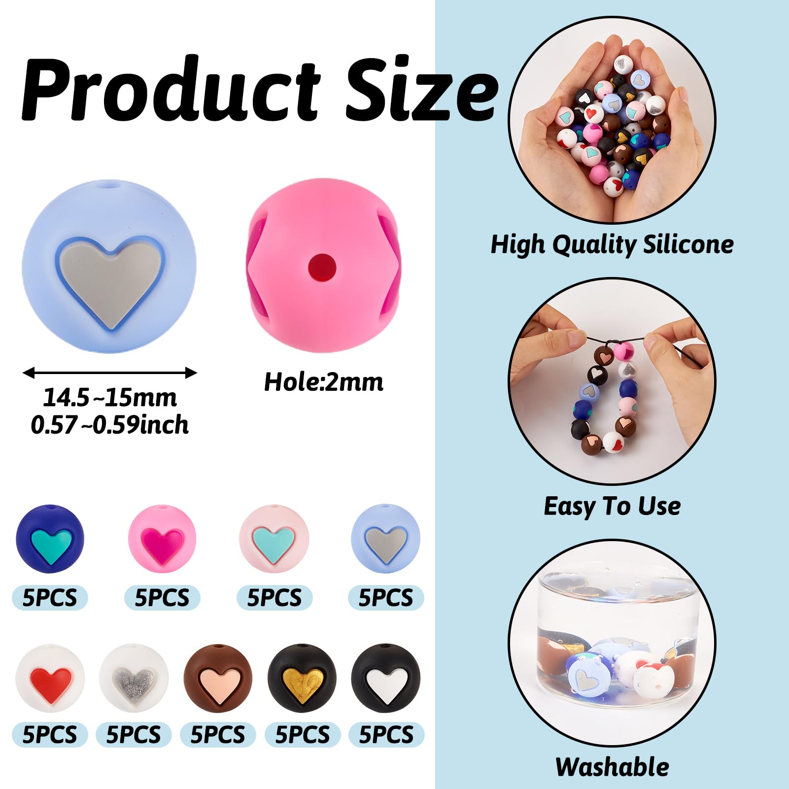 Crafans 45pcs 9 Colors Round with Heart Silicone Beads 15MM Heart Patterns Lovely Beads Loose Spacer Rubber Beads for DIY Bracelet Krychains Jewelry Making - Image 4
