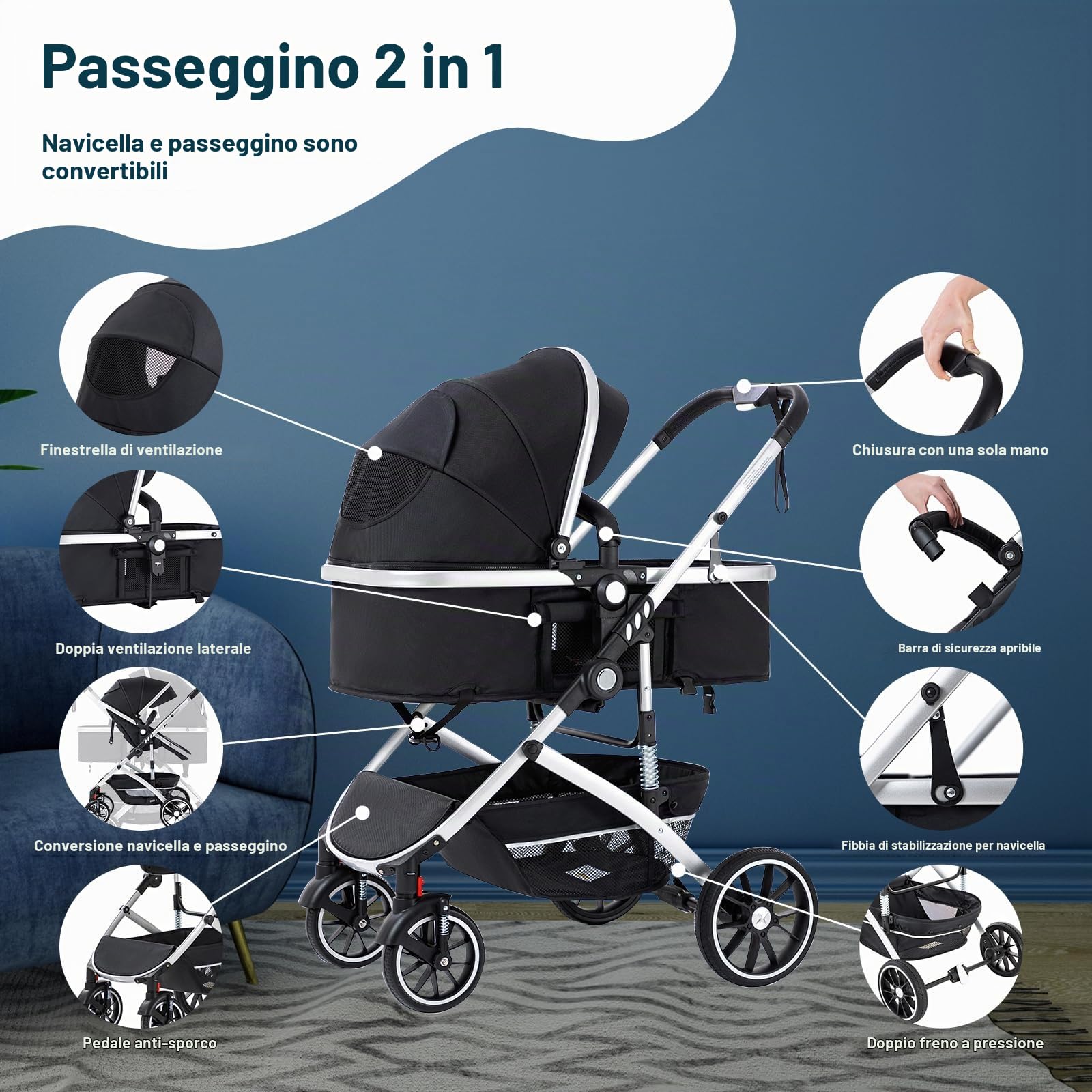 Passeggino 3 in 1, sistema da viaggio City Carrozzina, pieghevole con un clic, carrozzina e seggiolino auto con zanzariera, passeggino alto per neonati da 0 a 4 anni, grigio chiaro