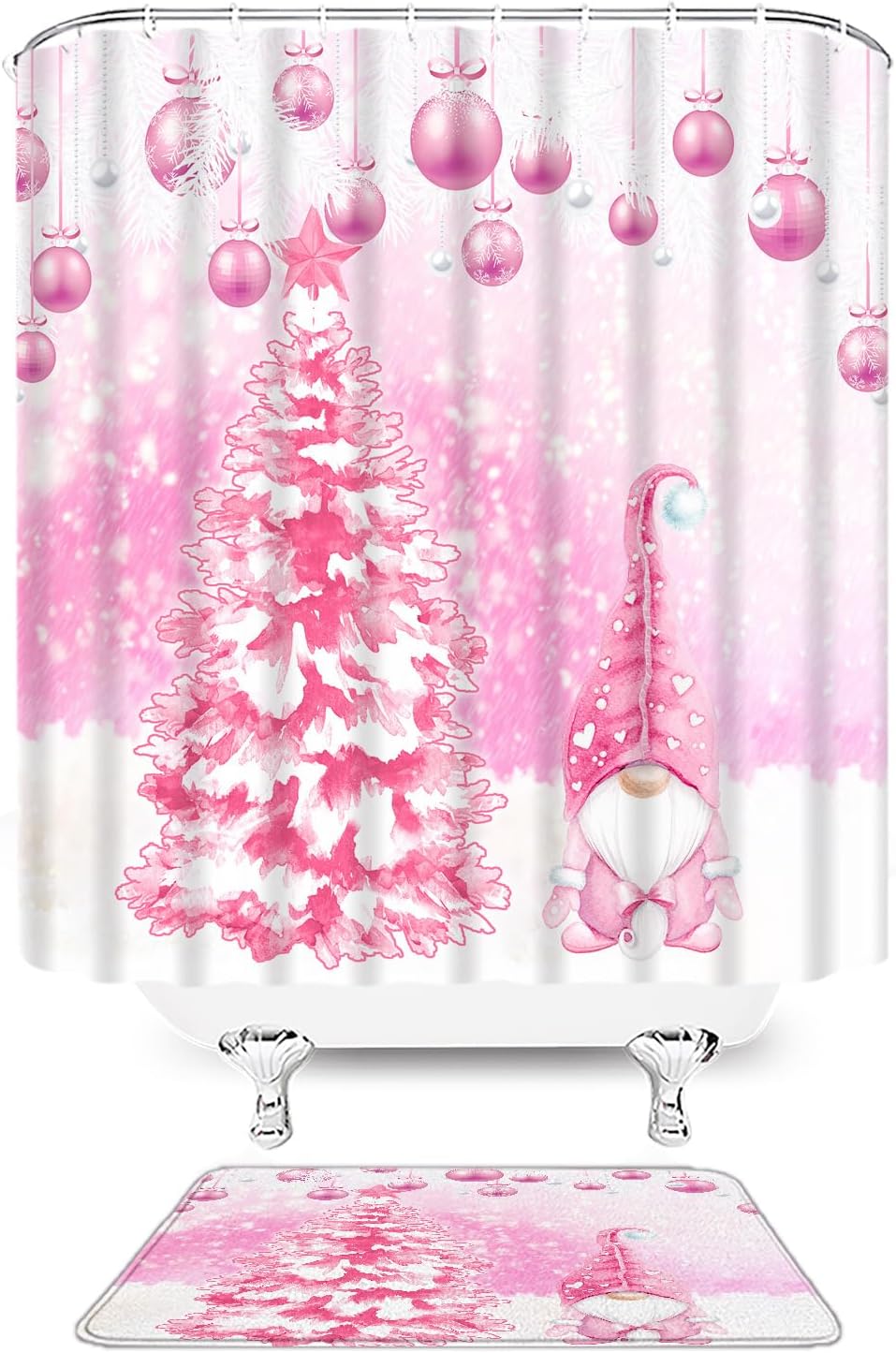 2 Pcs Shower Curtain Set Pink Christmas Bath Mat Cute Gnome Xmas Ball Tree Snowflake Winter Snowy Day Gril Bathroom Bedroom Kitchen Rug Bath Mat 18x30 and Shower Curtain 70X70 Inch
