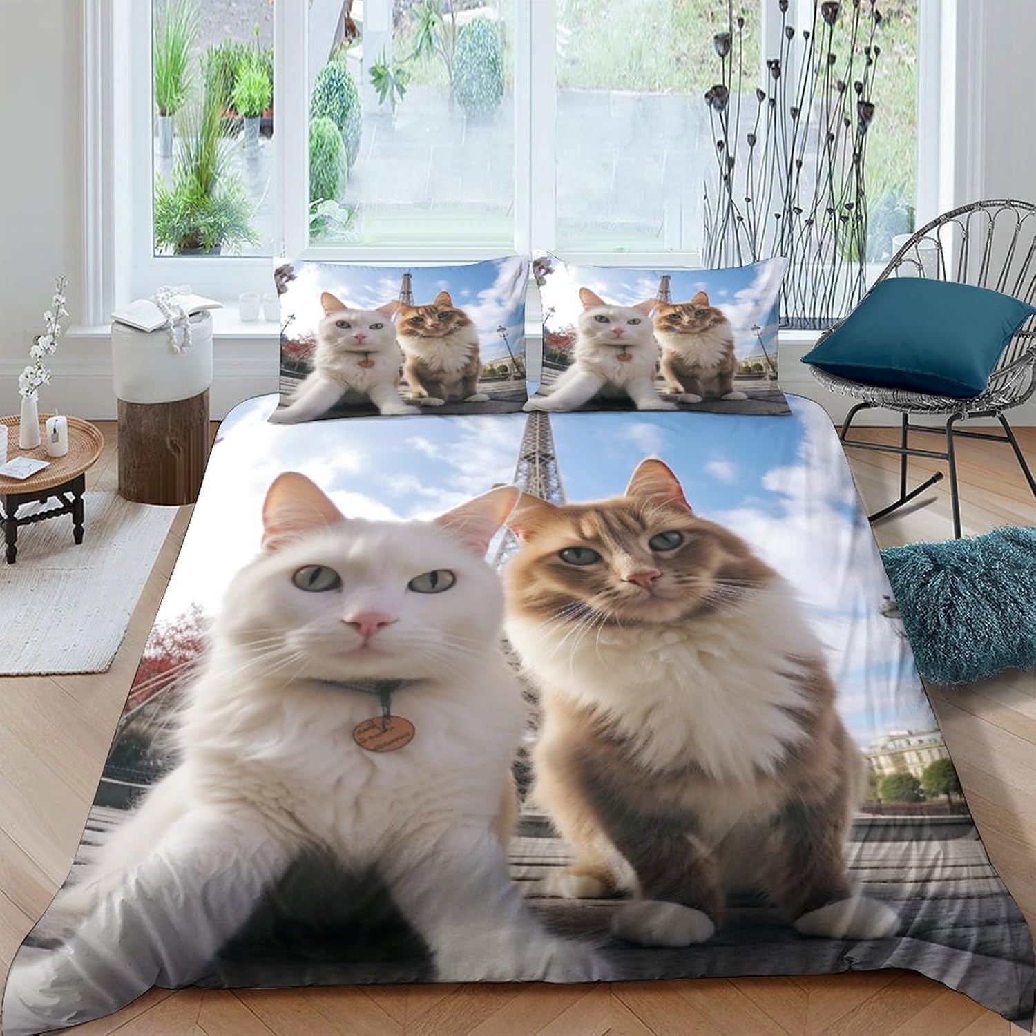 Parure de lit 260x240 motif animalier chat en microfibre douce 3 pièces