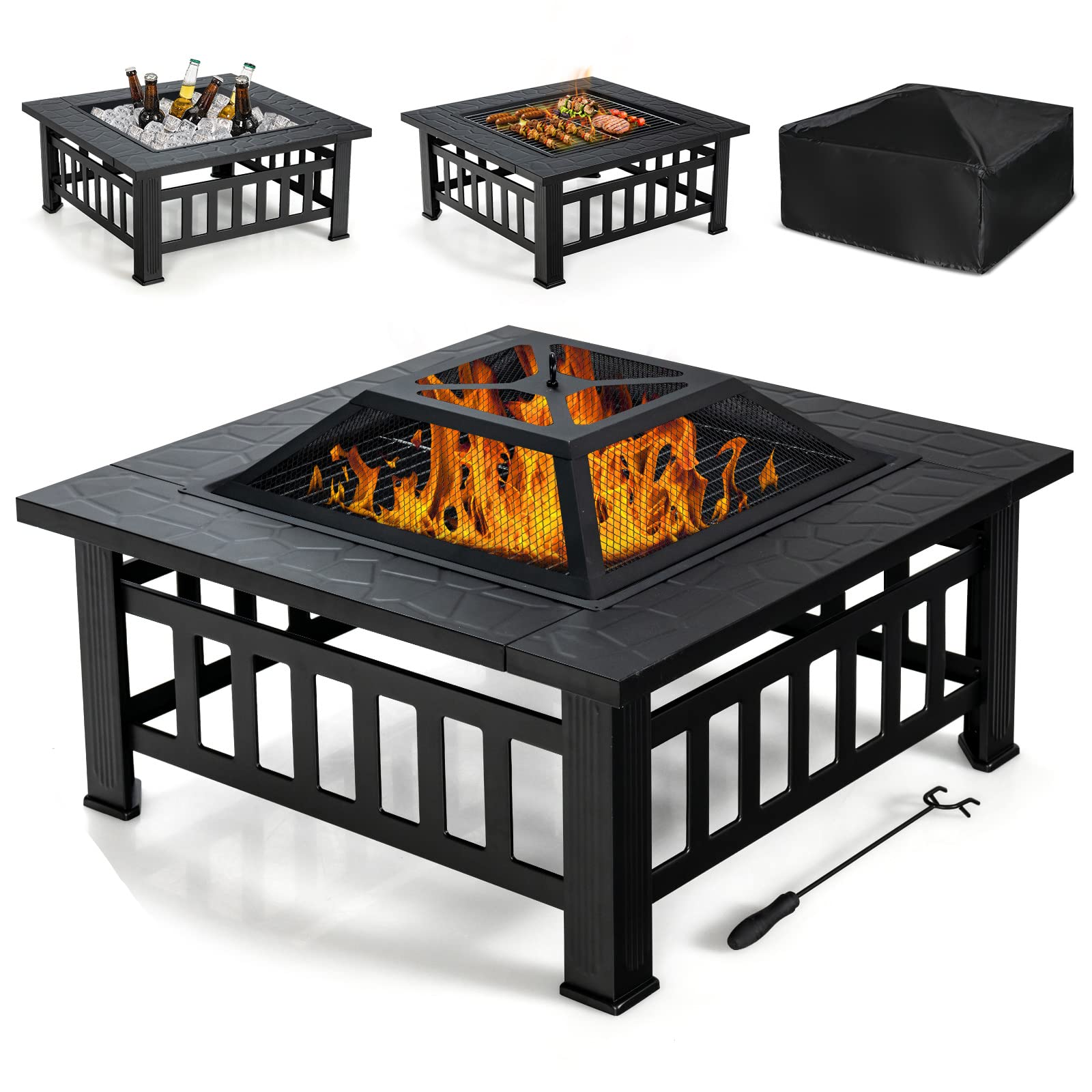 GOPLUS Brasero de Jardin Carré en Fer,Table de Foyer Maille et Couvercle Pare-étincelles avec Tisonnier Long,Grand Bac de Rangement pour Chauffage et Barbecue Glacière 81x81x50cm (Noir)