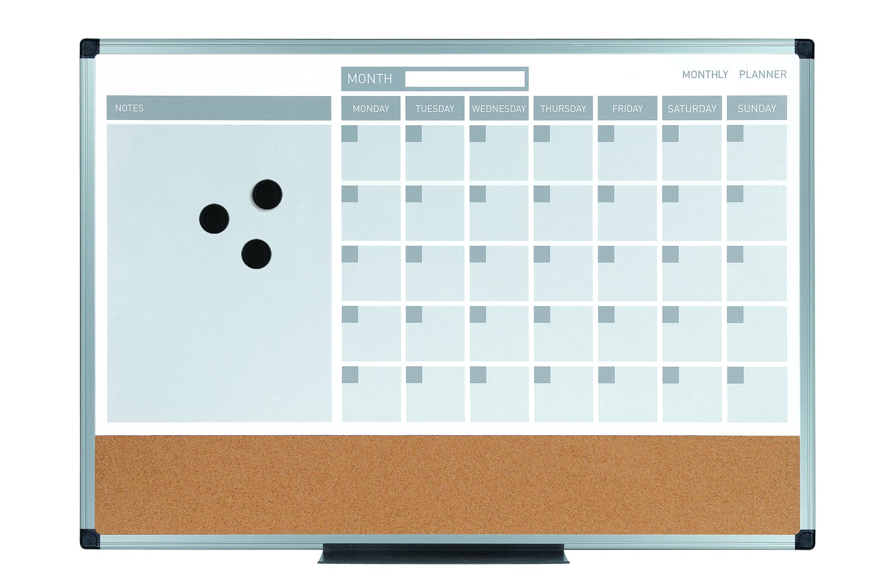 MasterVision Magnetic Dry Erase Monthly Calendar Planner Push Pin Corkboard Combo with Marker Tray, 24" x 36", Gray Plastic Frame, White, MB0707186P