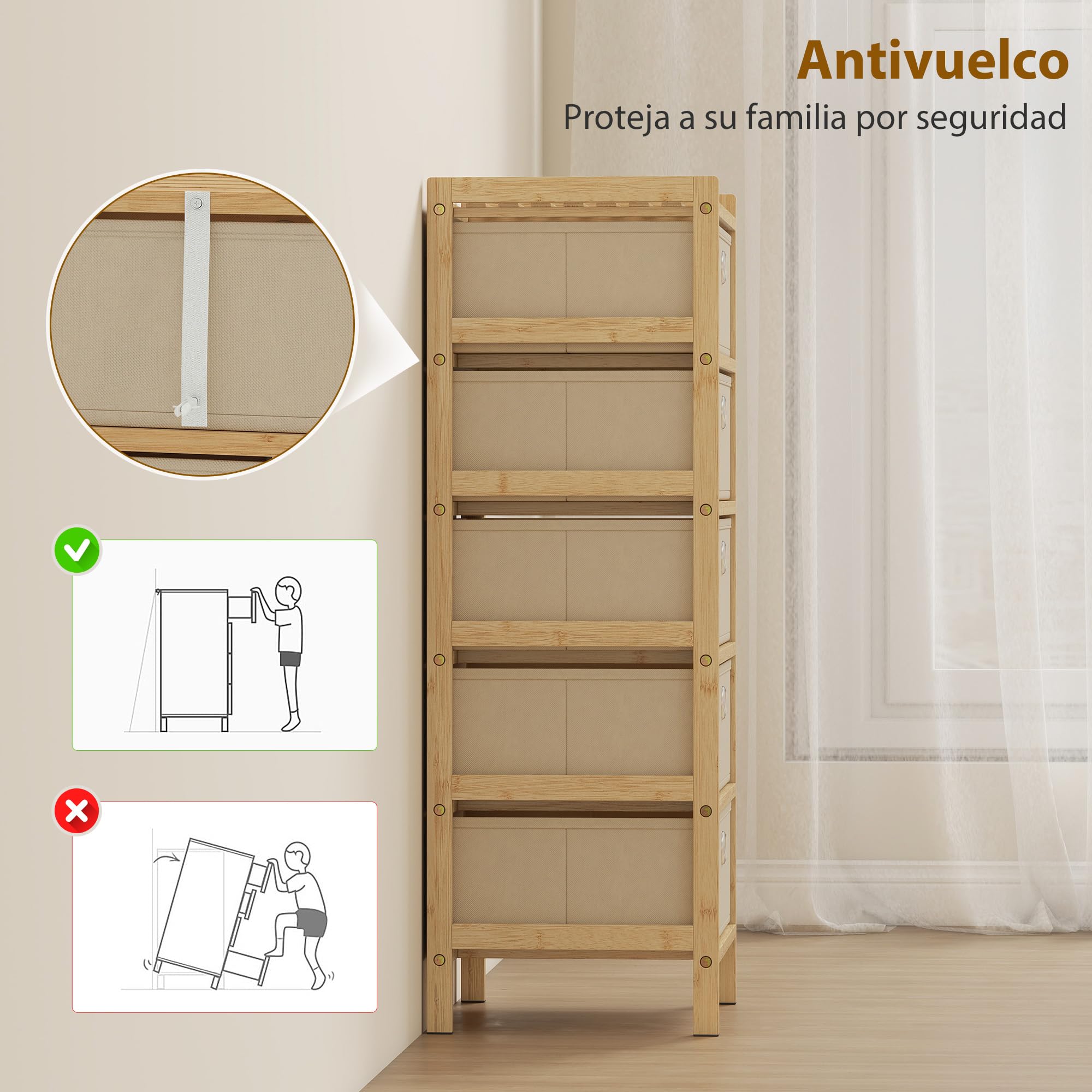 HOMCOM Cómoda con 5 Cajones de Tela, Cómoda para Dormitorio de Bambú, Cajonera para Espacios Pequeños, Salón, Oficina, Vestidor, Crema y Natural