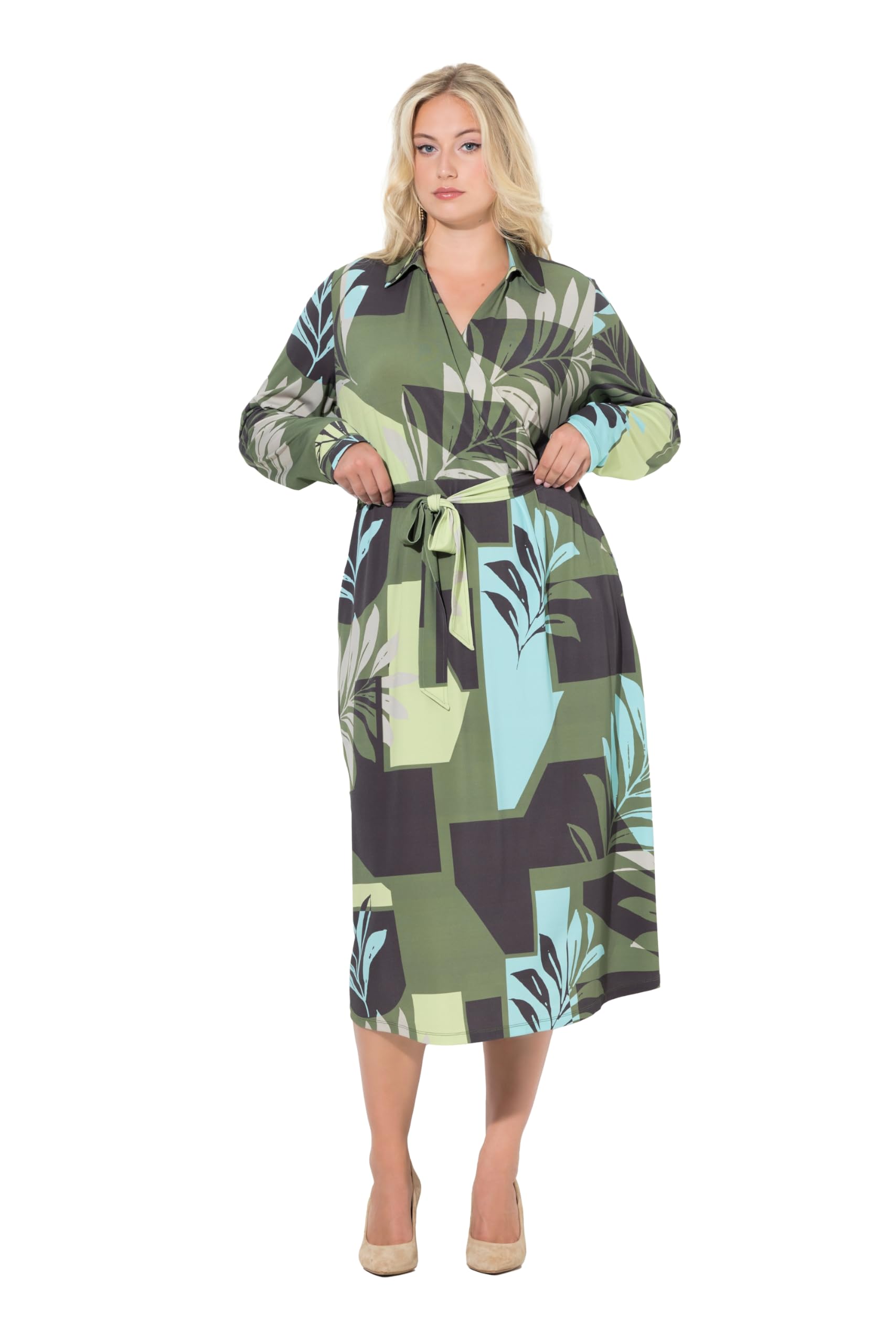 Ulla Popken Damen große Größen Übergrößen Plus Size Midikleid, Blätter, Hemdkragen, Langarm, Taschen 845122