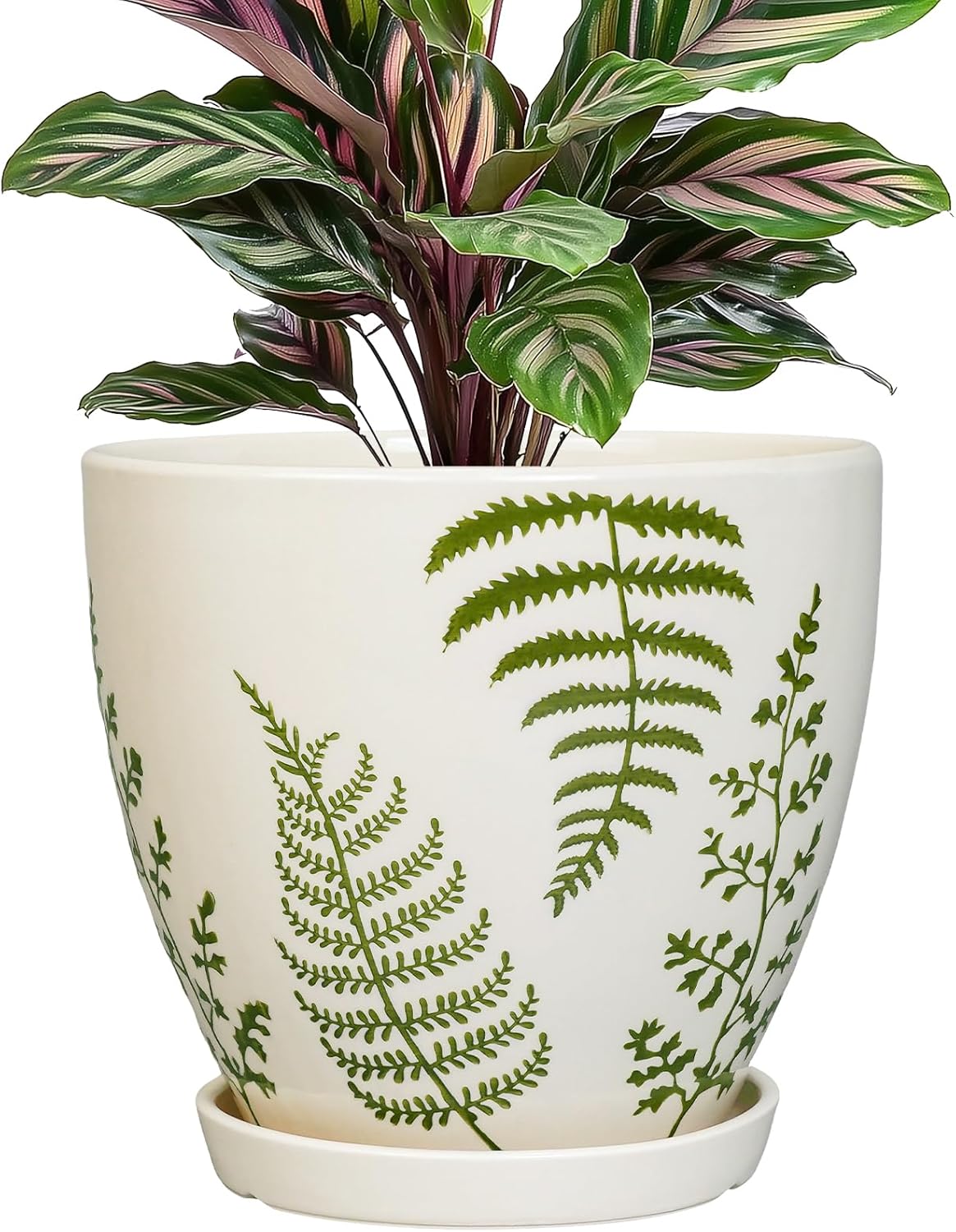 Ceramic Pot for Plants - 6.8 Inch Plant Pot Indoor with Drainage Hole and Saucer, Boho Round Planter for Indoor Outdoor Flowers, Gardening Gifts for Women Men, Garden Home Office Decor, White 6 Inch Fern Leaves White