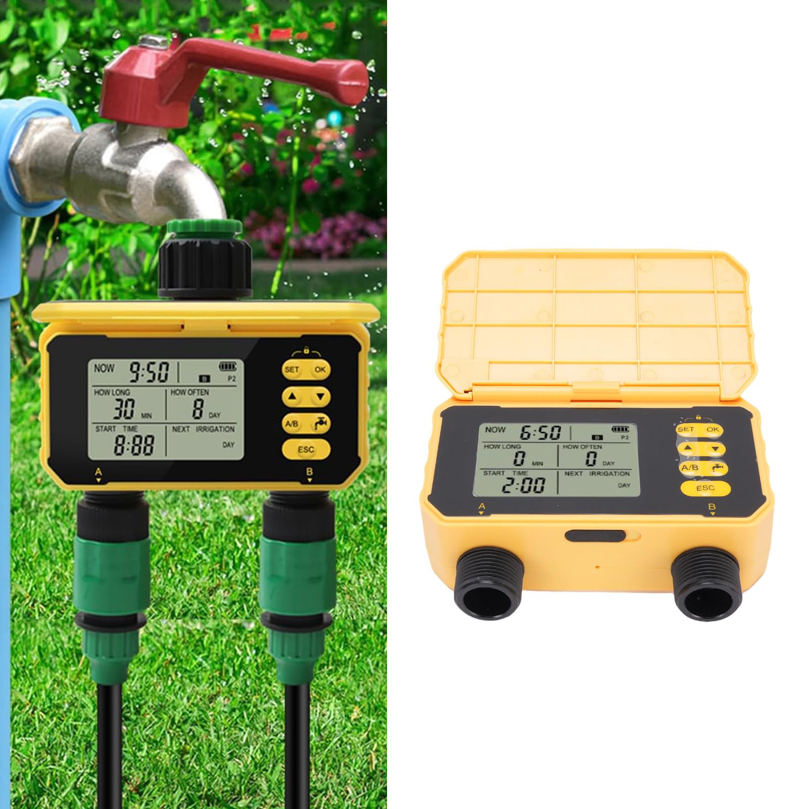 Fockety Inteligentny WiFi Water Timer, 2-strefowy zewnętrzny solarny WiFi Sprinkler Timer do węża ogrodowego z opóźnieniem deszczu, ręczne/automatyczne podlewanie