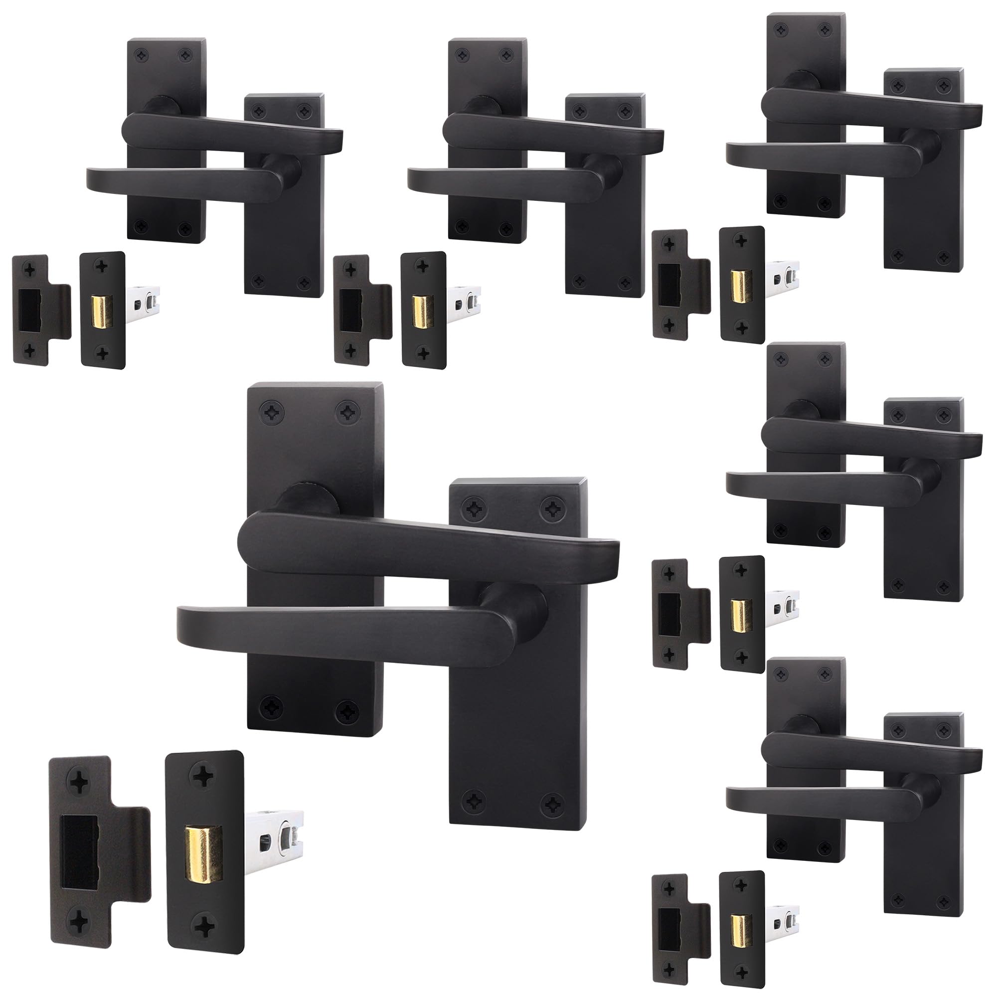 EAI Black Door Handle & Latch Set | 6 Pairs Internal Handles on Backplate with Latch (64mm) | Straight Pattern
