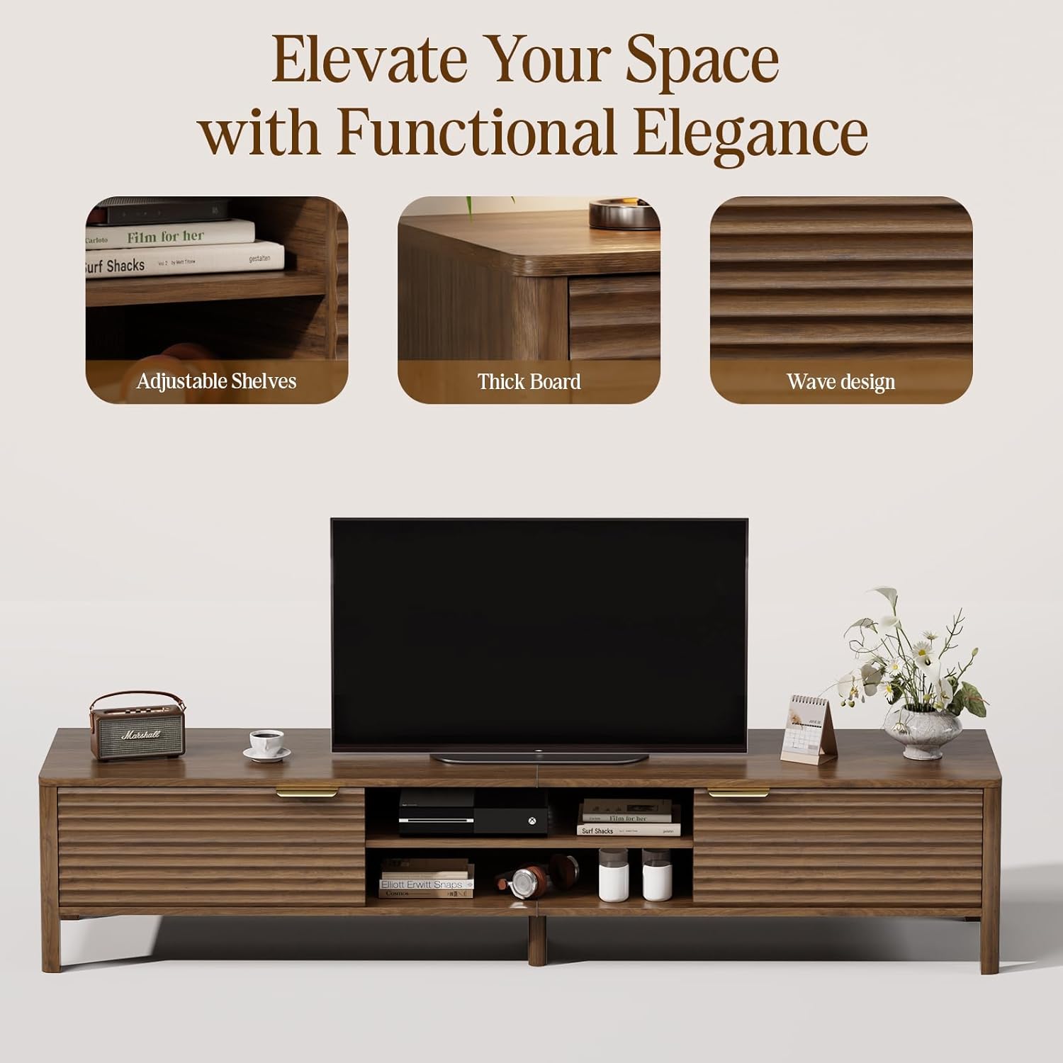 TV Stand for Living Room - up to 85 Inch TVs Mid Century Modern Entertainment Center with Storage and Adjustable Shelves, Media Console Table Walnut 80" - Image 5