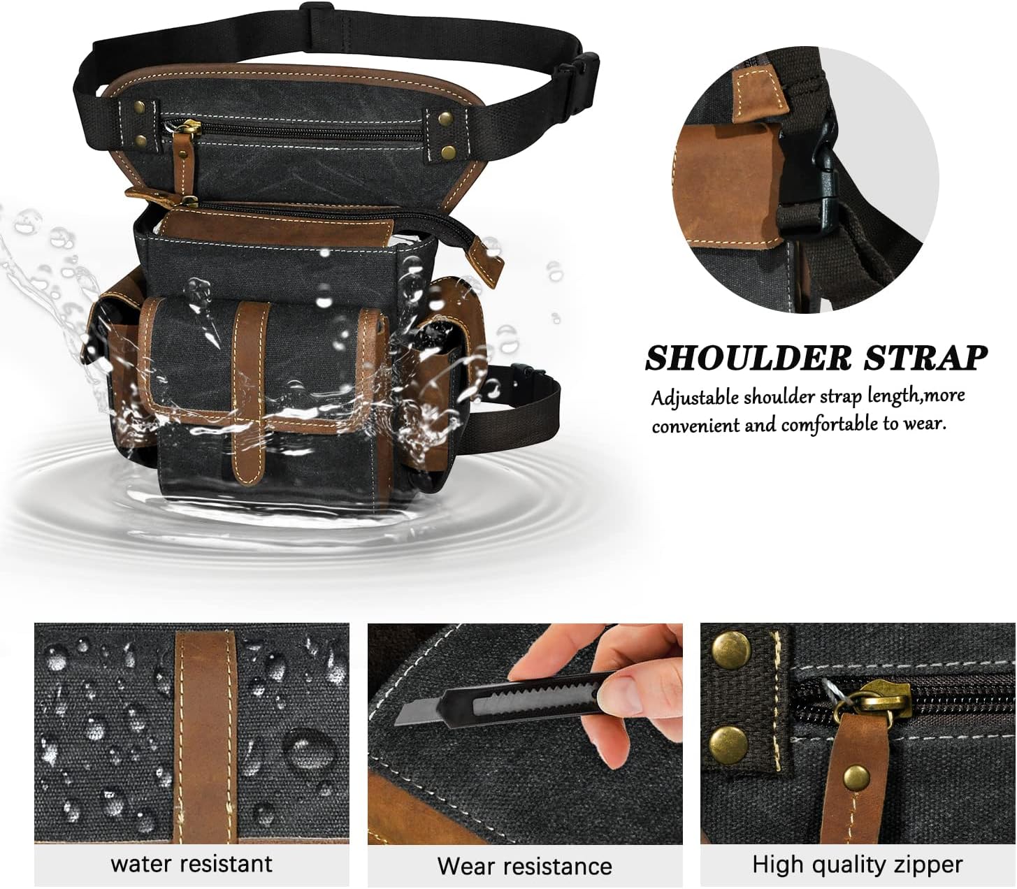Water Resistant Canvas + Leather Motorcycle Travel Fanny Waist Pack Drop Thigh Leg Bag Pouch For Men Women FB913-5