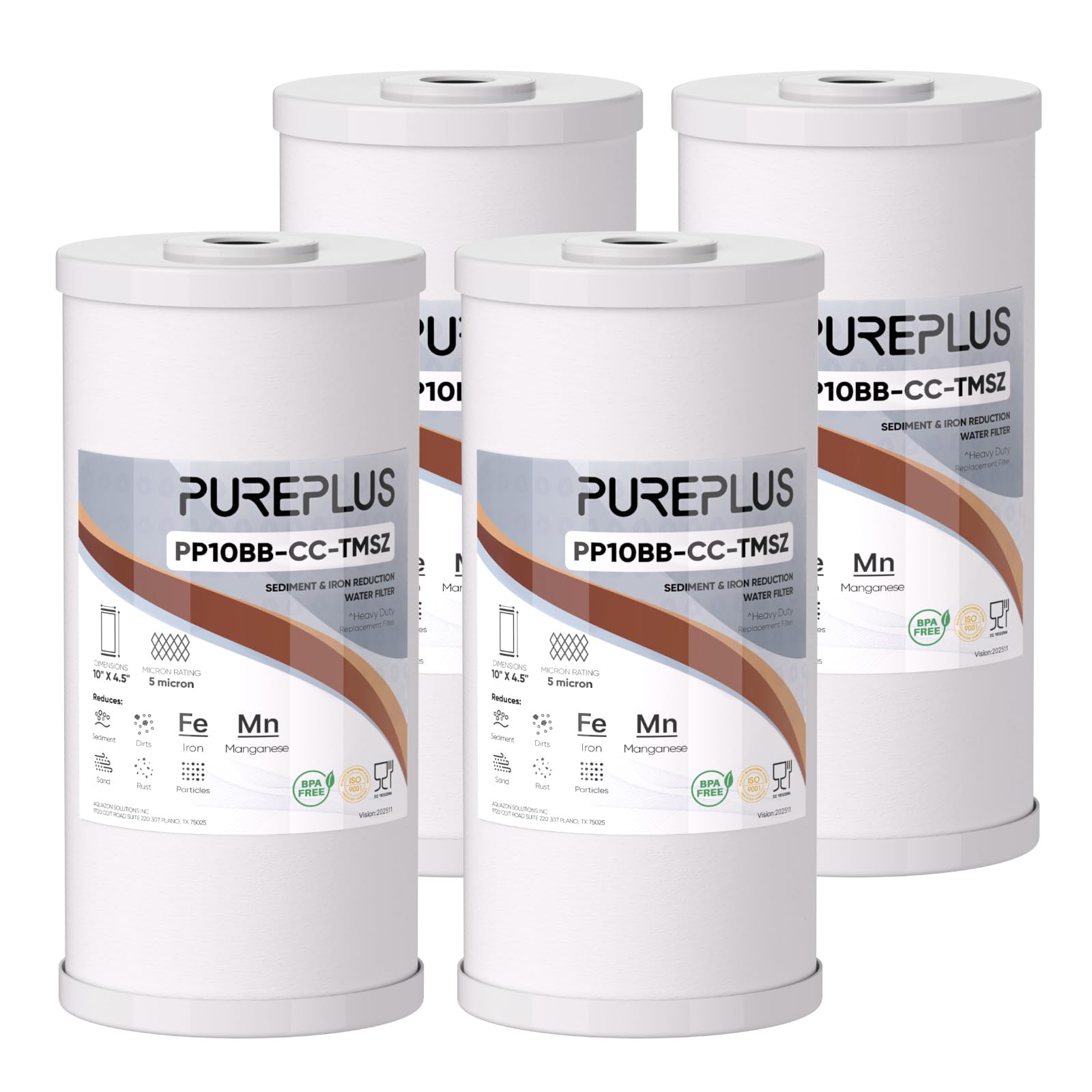 PUREPLUS 10" x 4.5" Whole House Iron Reducing Sediment Water Filter,4PACK
