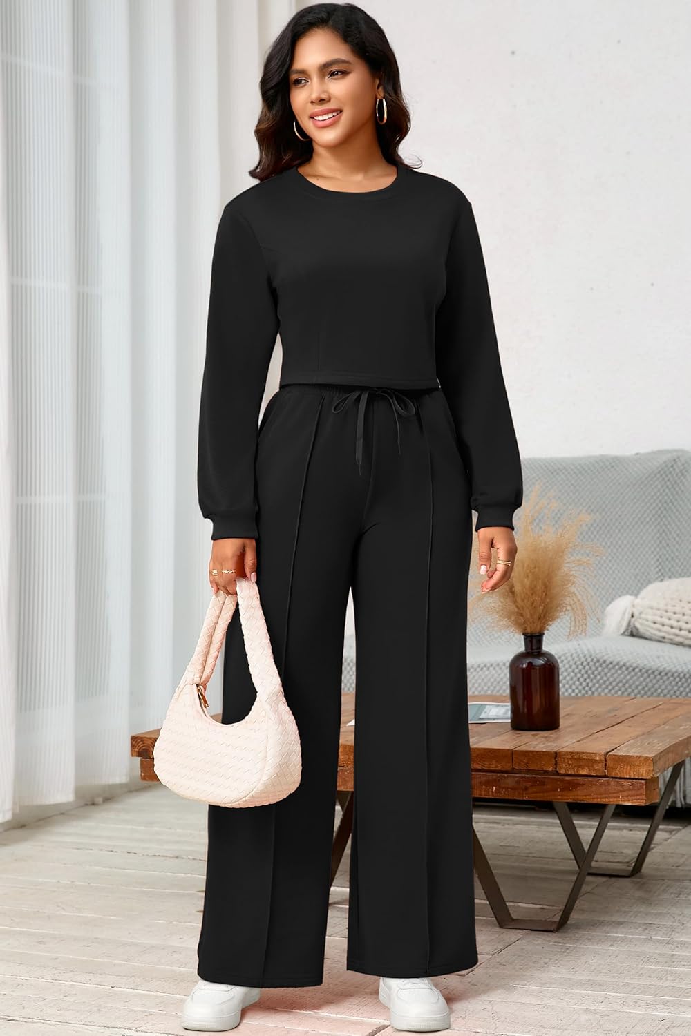 CLOCOR Womens 2 Piece Outfits Sweatsuits - Tracksuit Set Long Sleeve Crop Top & Drawstring Wide Leg Pants with Pockets - Image 2