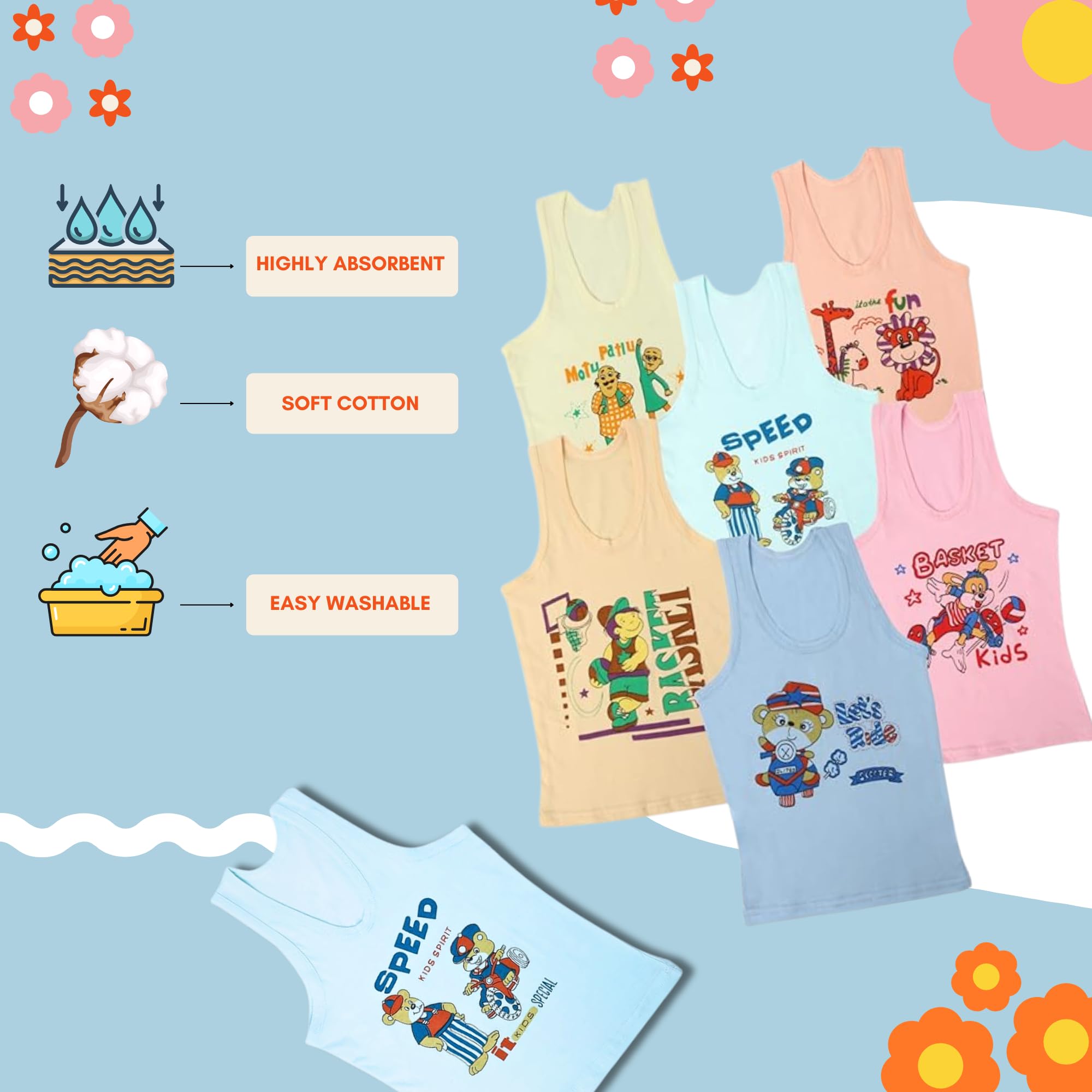 Sarvatapana Soft Printed Vest, Sleeveless Innerwear, Undershirt Sando, Baniyan, Summer Innerwear Vest - Multicolor Boy Pack of 6_3 to 6 Months 1